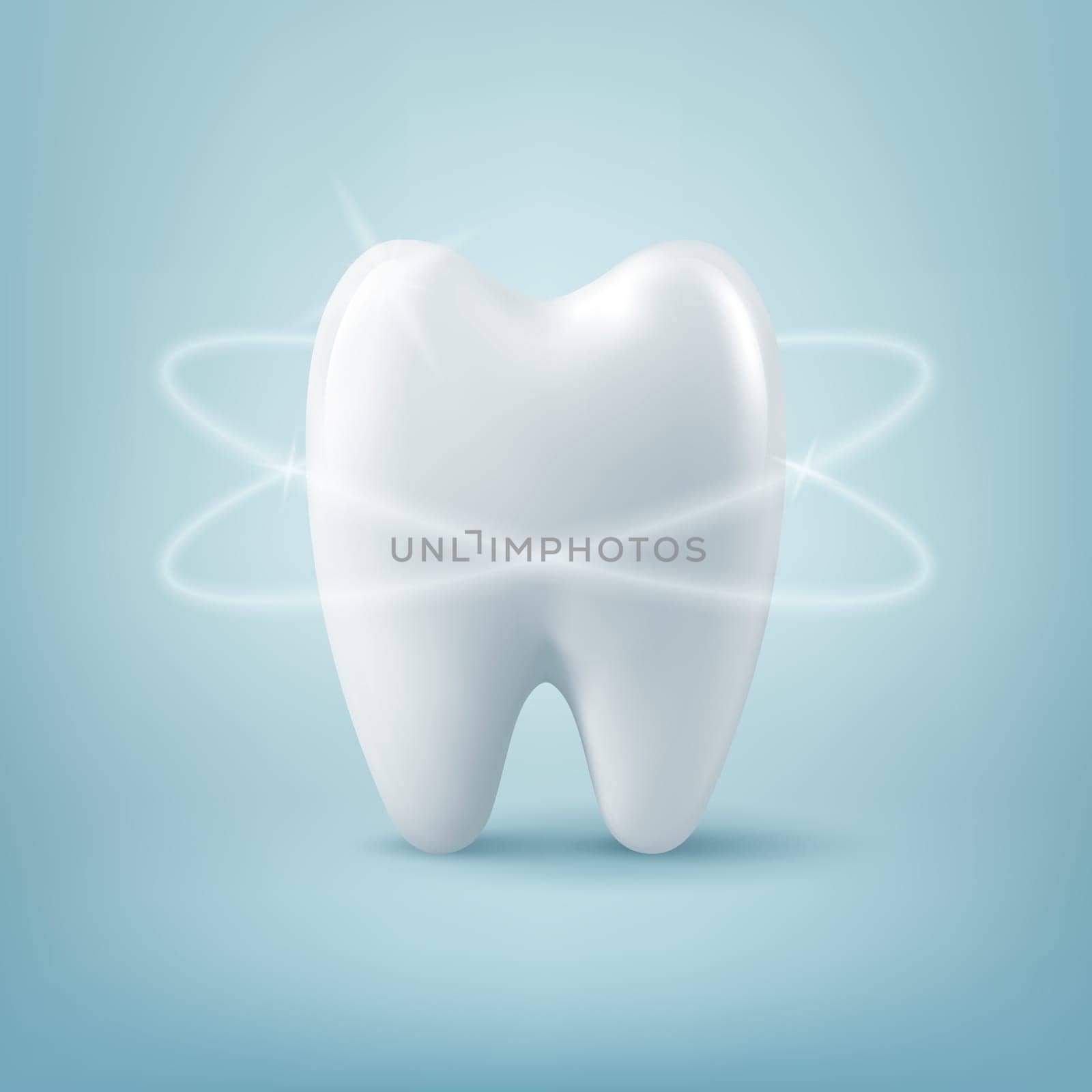 Vector 3d Realistic Tooth Closeup on Blue Background. Medical Dentist Design Template, Clipart, Mockup. Dentistry, Healthcare, Hygiene, Dental Care and Health Concept.
