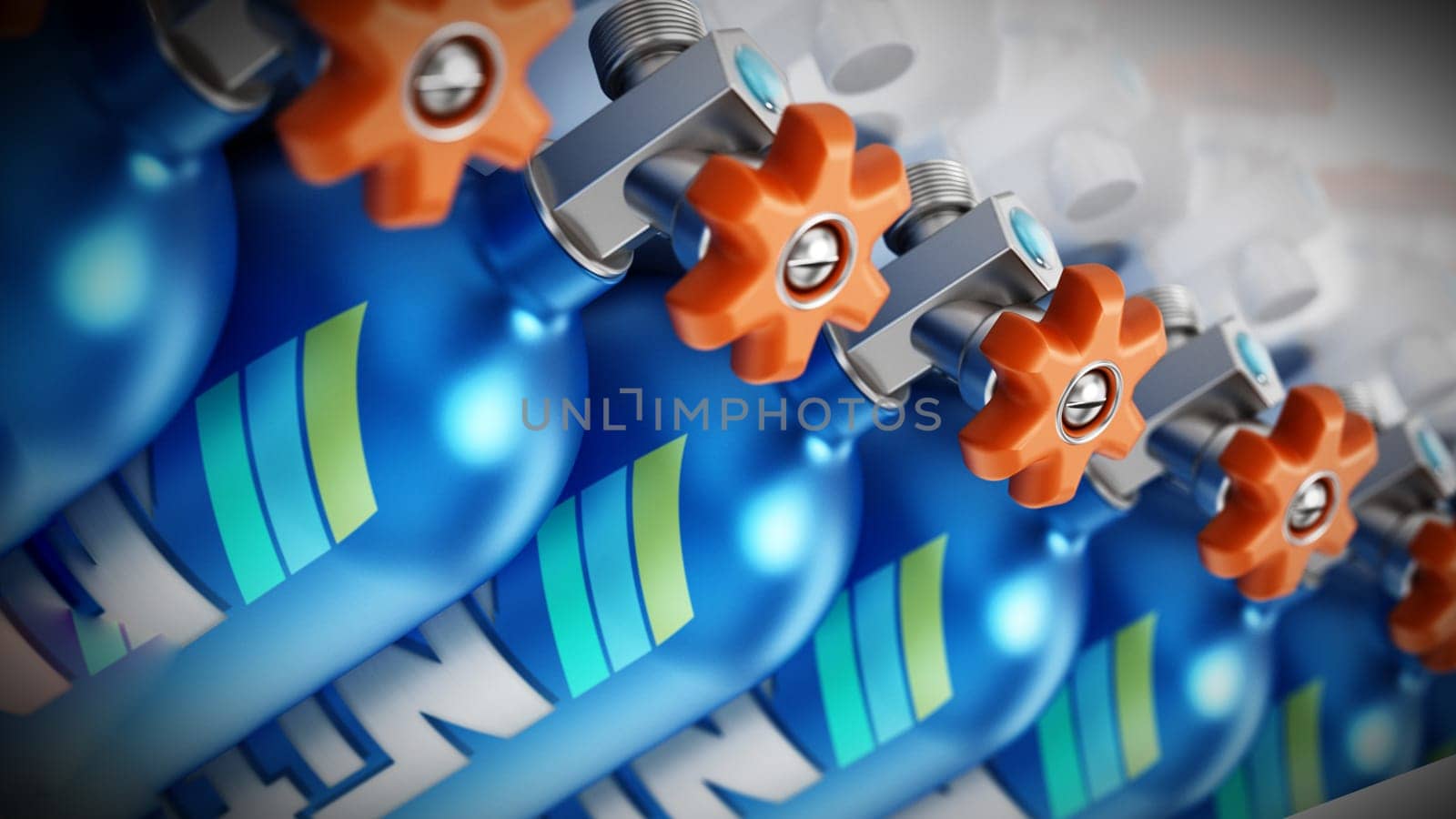 Group of blue Nitrous Oxide tanks. 3D illustration.