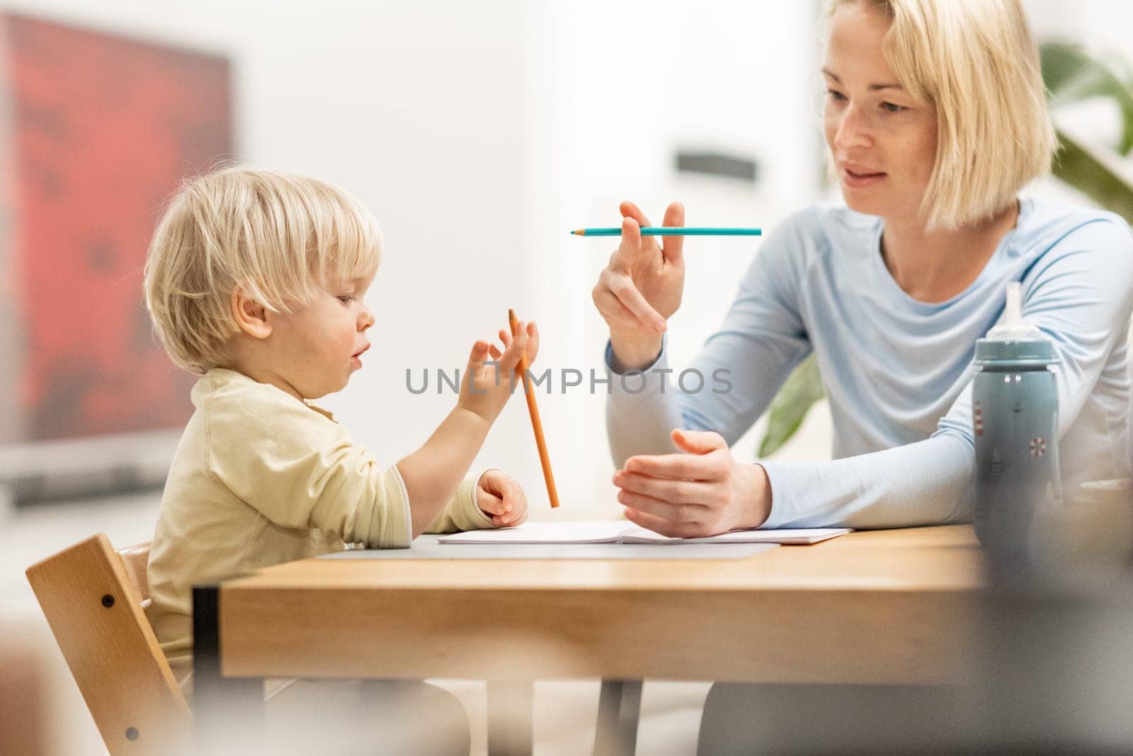 Caring young Caucasian mother and small son drawing painting in notebook at home together. Loving mom or nanny having fun learning and playing with her little 1,5 year old infant baby boy child