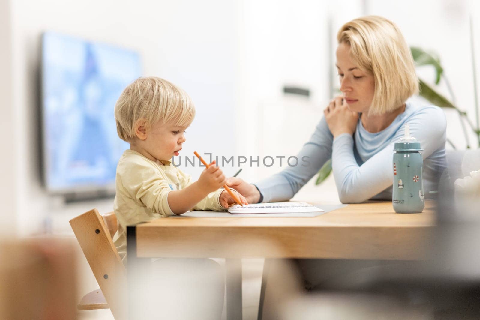 Caring young Caucasian mother and small son drawing painting in notebook at home together. Loving mom or nanny having fun learning and playing with her little 1,5 year old infant baby boy child