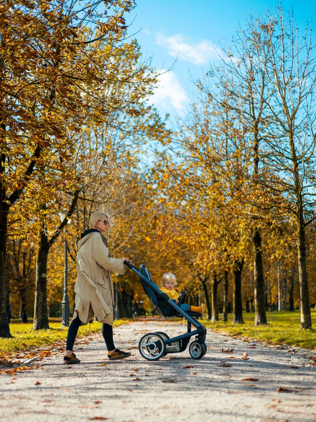 Young beautiful mother wearing a rain coat pushing stroller with her little baby boy child, walking in city park on a sunny autumn day.