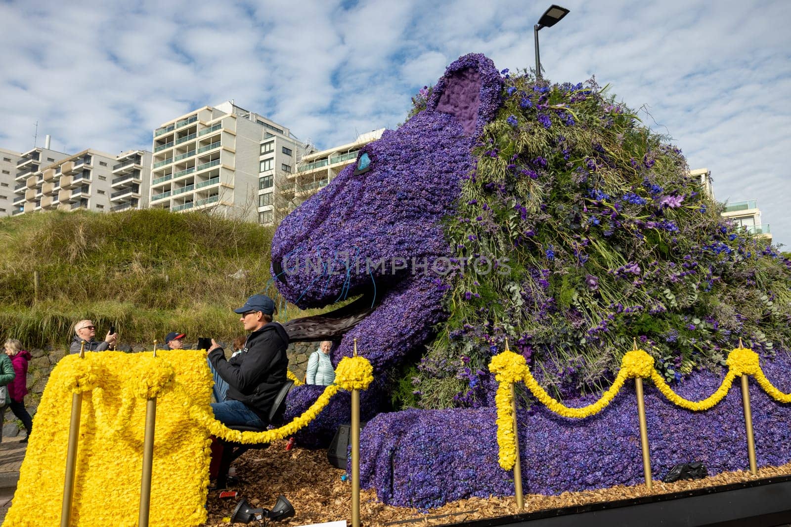 Noordwijk, Netherlands - April 22, 2023: Spectacular flower covered floats in the Bloemencorso Bollenstreek the annual spring flower parade from Noordwijk to Haarlem in the Netherlands.