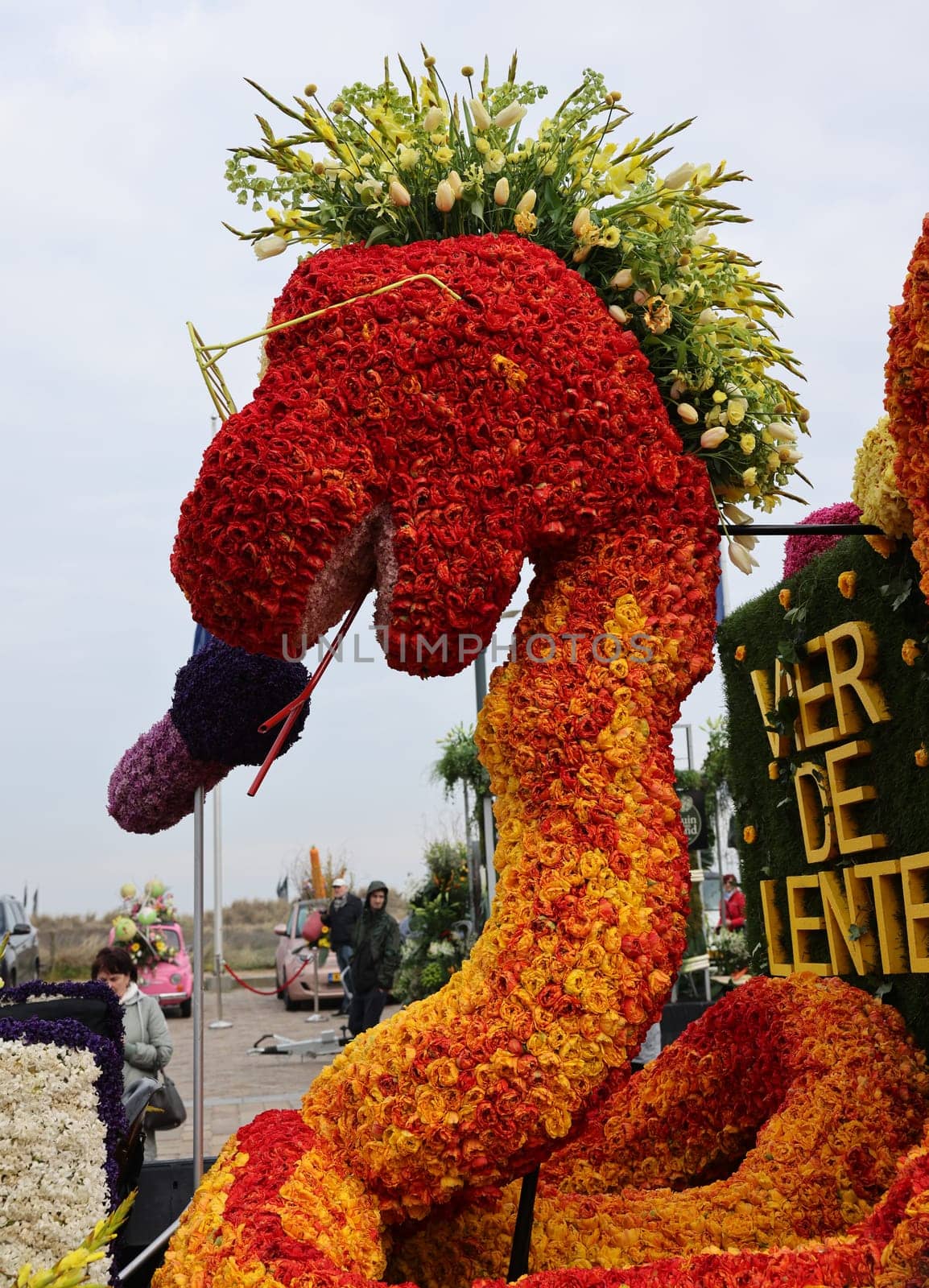 Noordwijk, Netherlands - April 22, 2023: Spectacular flower covered floats in the Bloemencorso Bollenstreek the annual spring flower parade from Noordwijk to Haarlem in the Netherlands.