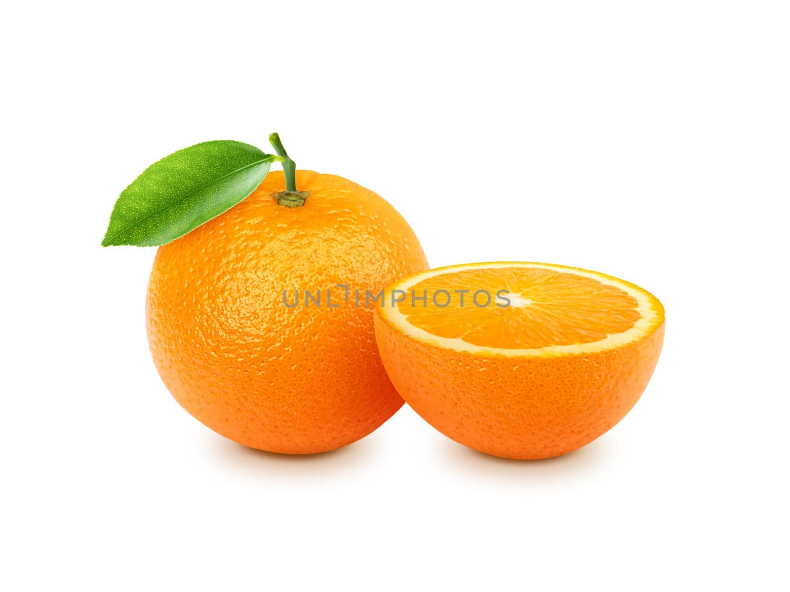 Orange with sliced and green leaves isolated on white background