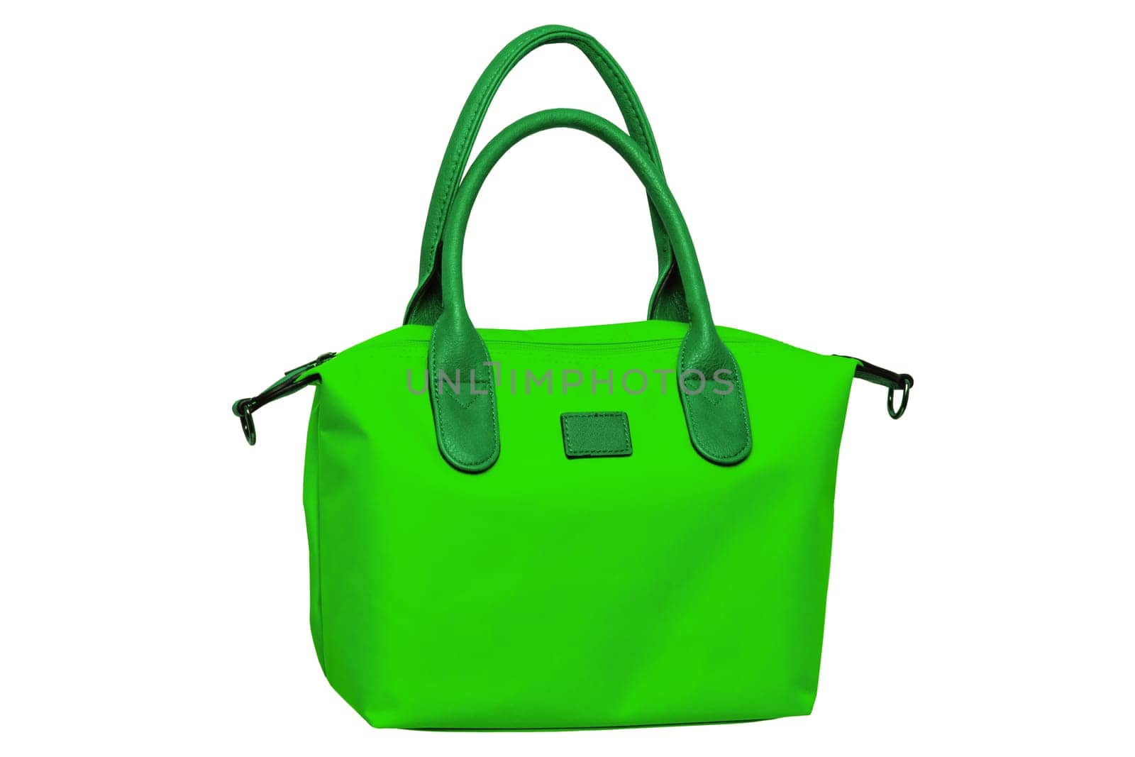 Stylish women's handbag. A fashionable female green luxury handbag with green leather handles isolated on white. Fashionable womans accessories. Advertising.