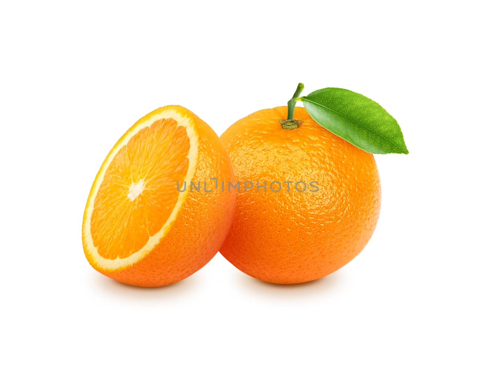 Orange with sliced and green leaves isolated on white background