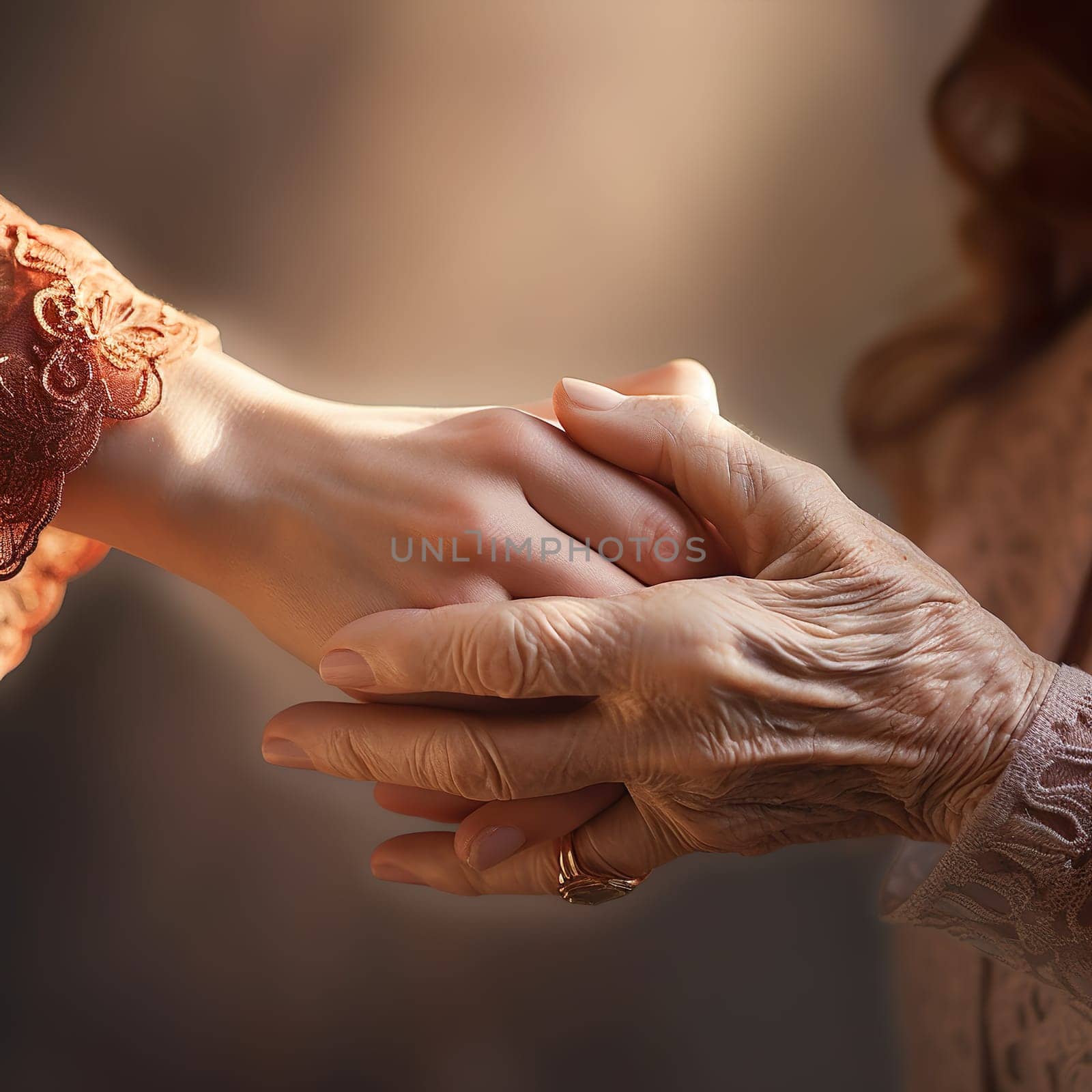 Hands of an old woman holding hands of a young woman generated by artificial intelligence