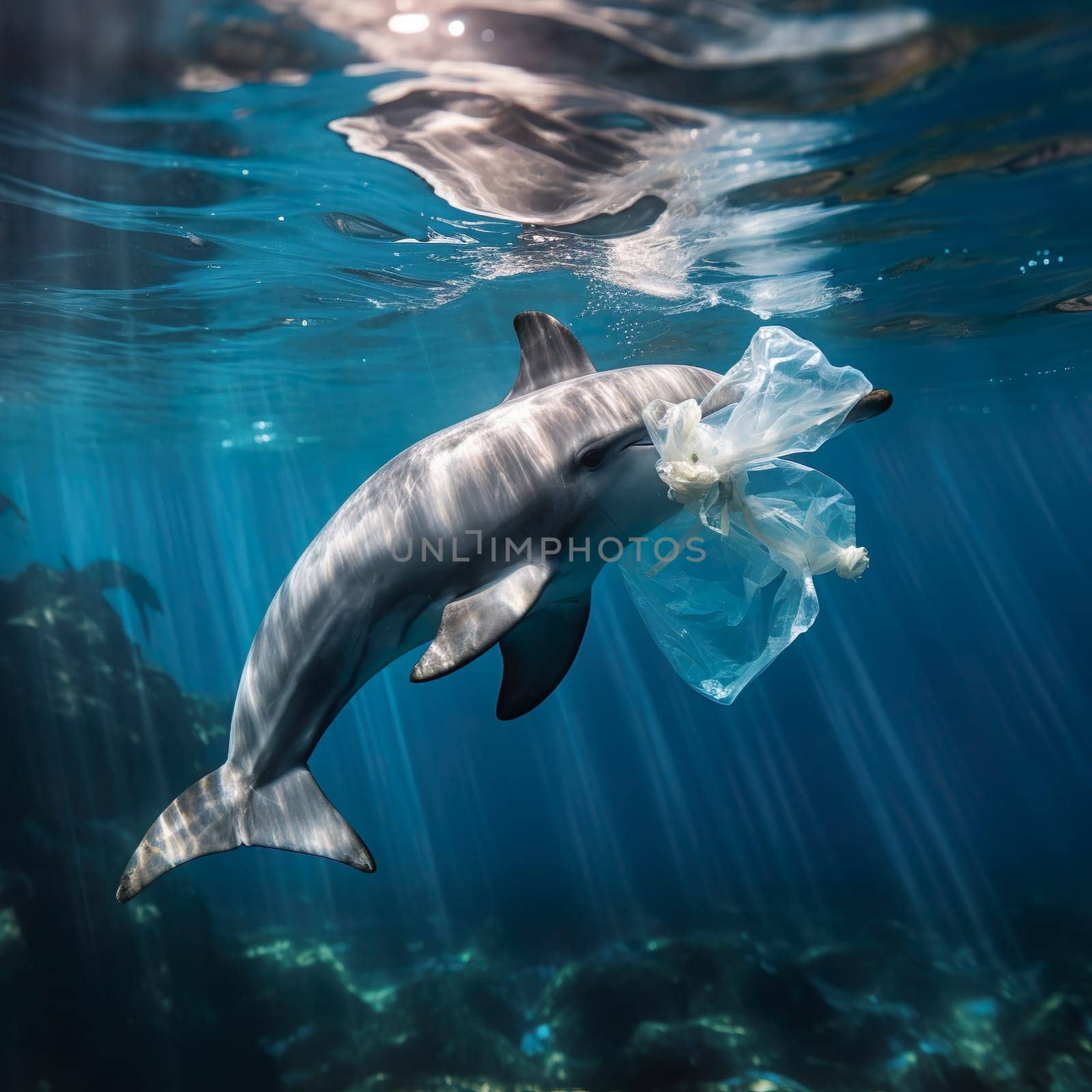 A dolphin swims in the sea with a plastic bag generated by artificial intelligence