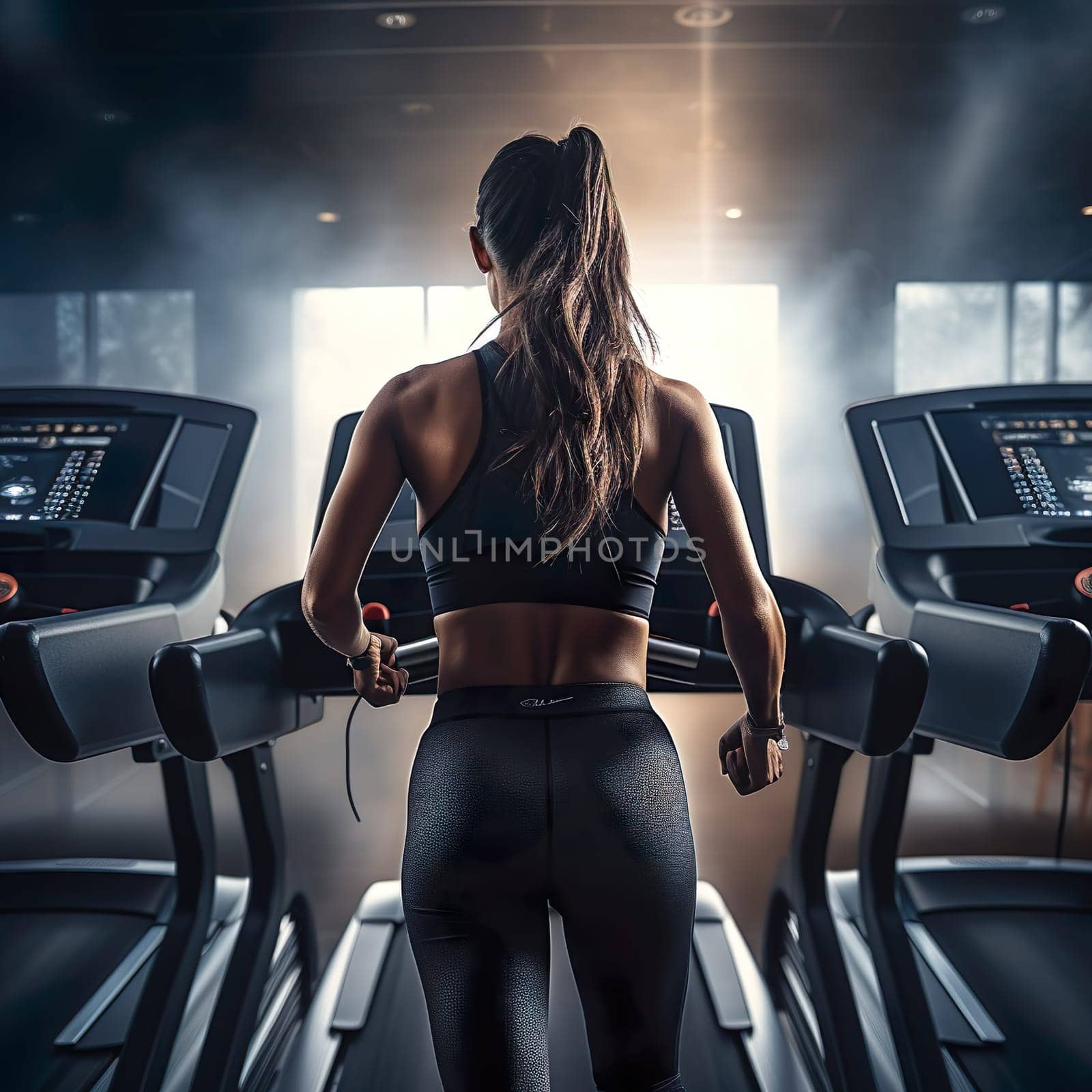 Back view of an athletic young woman running on the treadmill in the gym generated by artificial intelligence