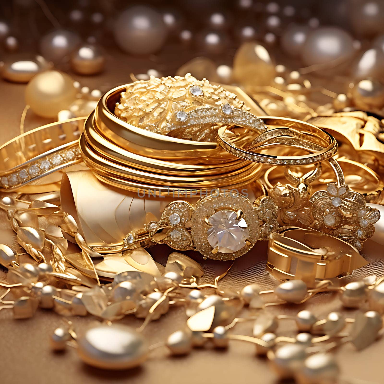 Various pieces of gold jewelry generated by artificial intelligence