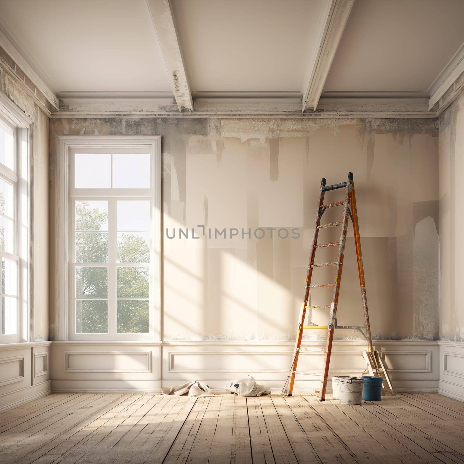 There is a ladder in a room that is being renovated generated by artificial intelligence