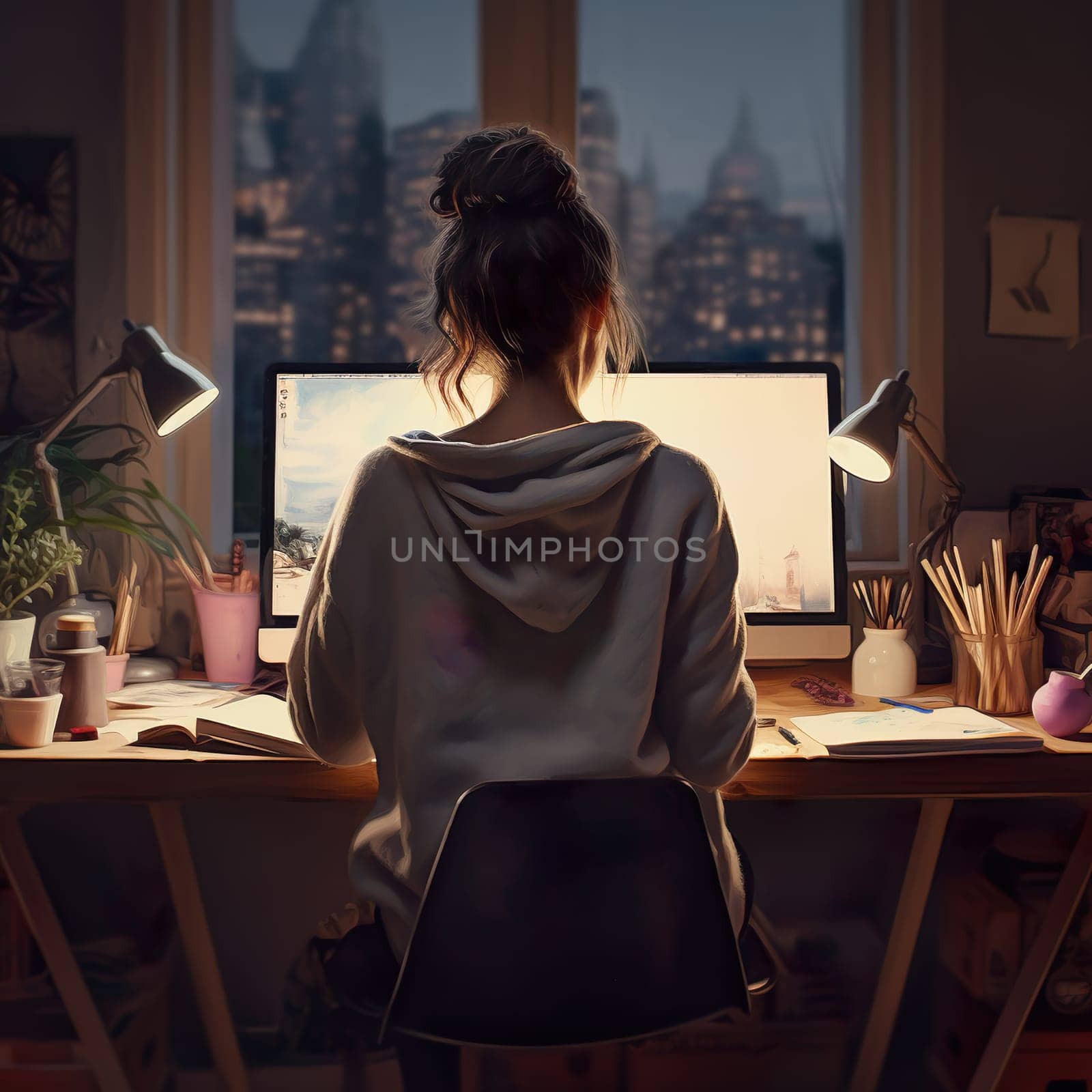 A woman sits at a desk at home generated by artificial intelligence