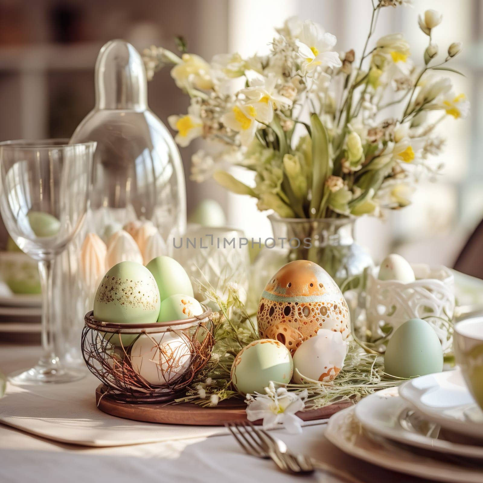 Beautiful table decorations for a cozy Easter breakfast generated by artificial intelligence