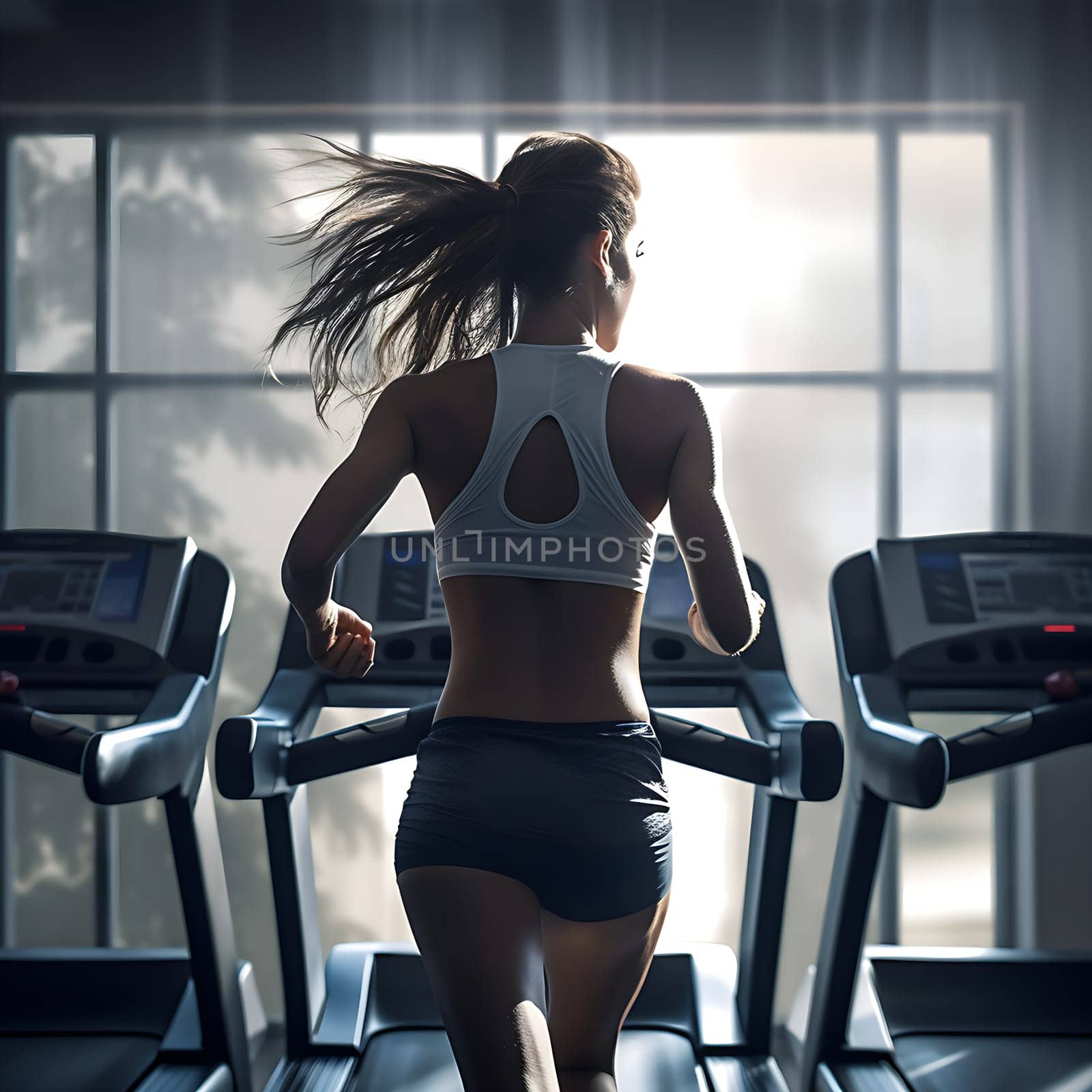 Back view of an athletic young woman running on the treadmill in the gym generated by artificial intelligence