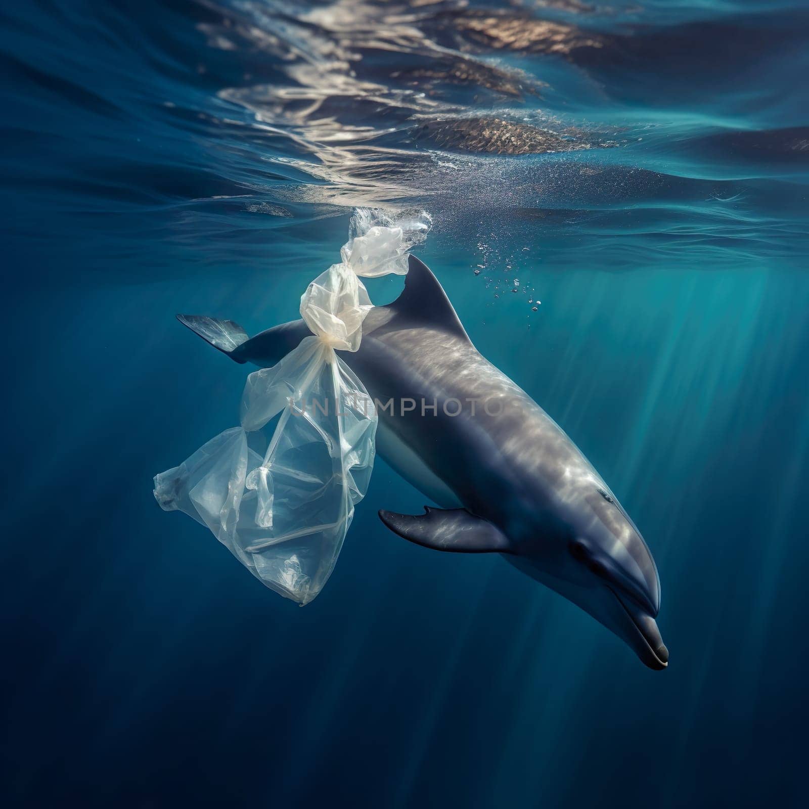 A dolphin swims in the sea with a plastic bag generated by artificial intelligence