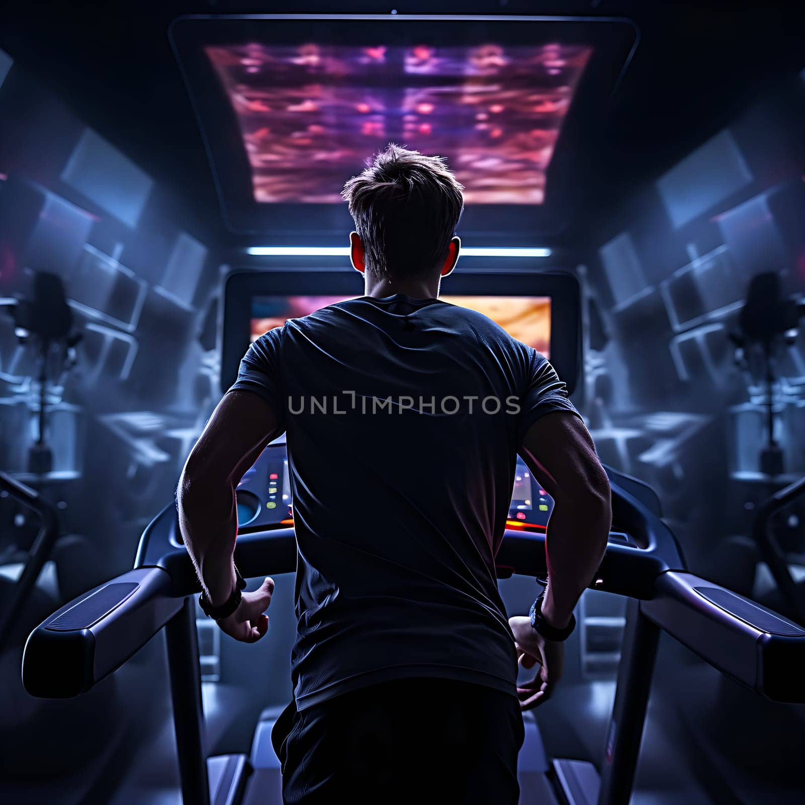 Back view of a man running on the treadmill in the gym generated by artificial intelligence
