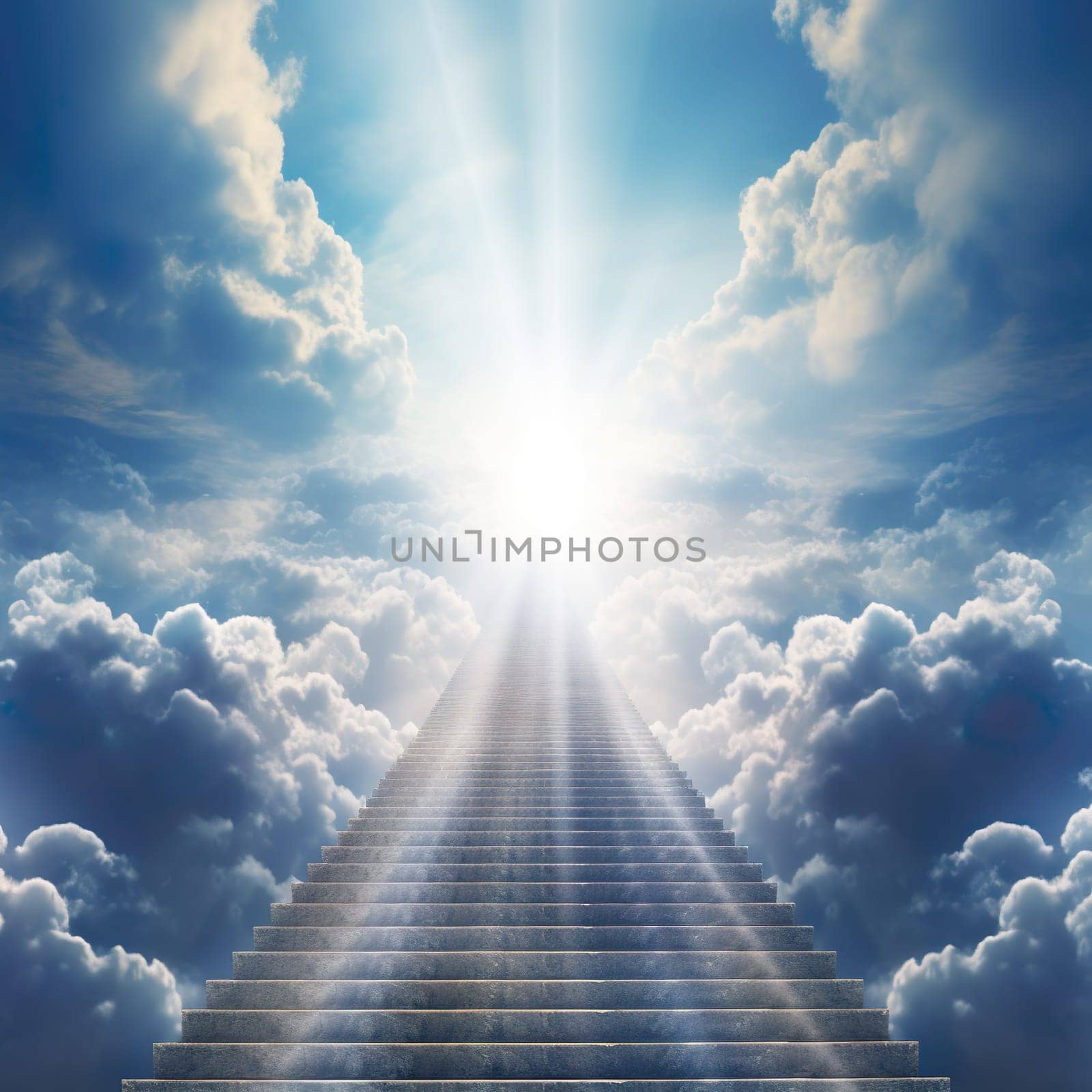 Stairway to heaven with sunbeams and clouds in the blue sky generated by artificial intelligence