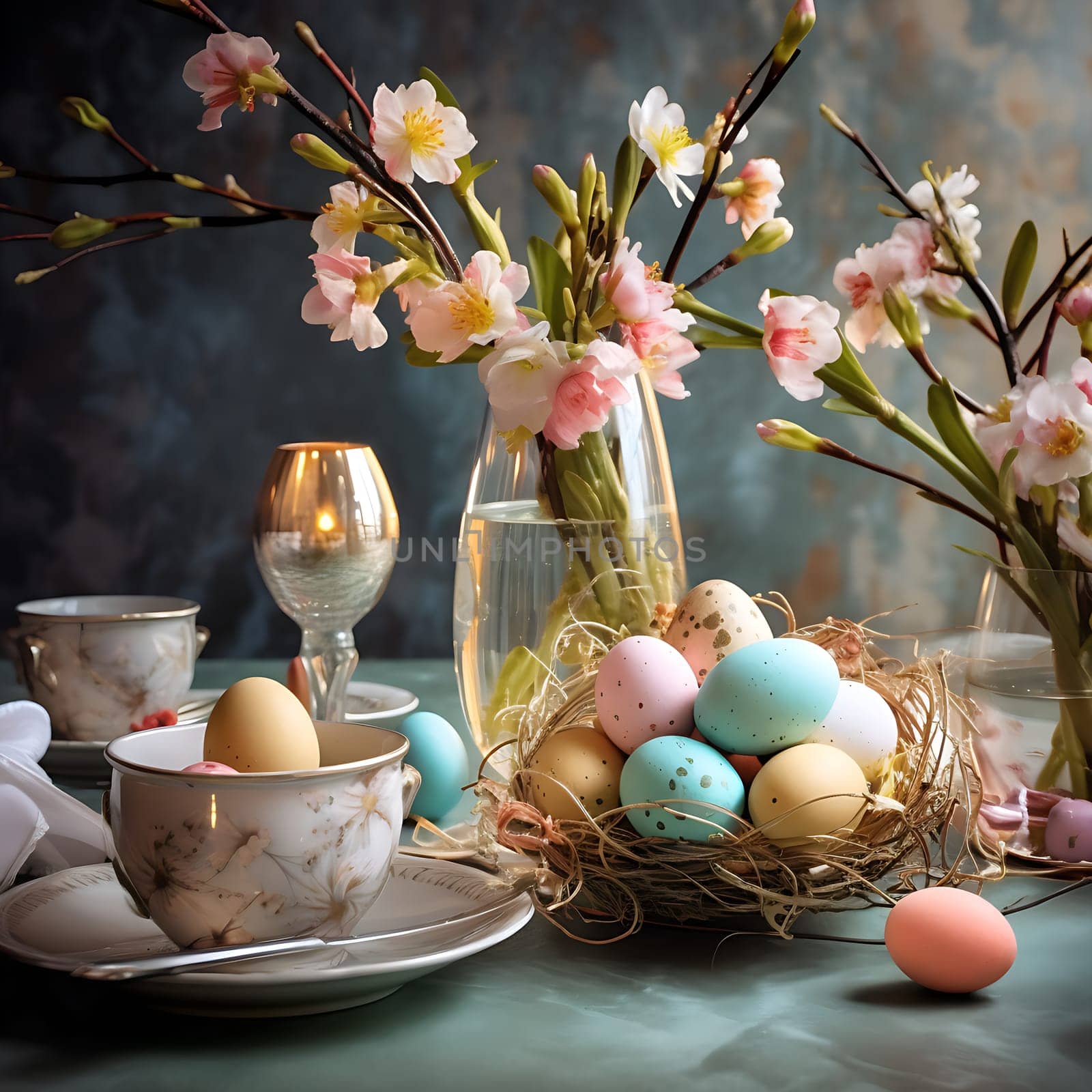 Beautiful table decorations for a cozy Easter breakfast generated by artificial intelligence