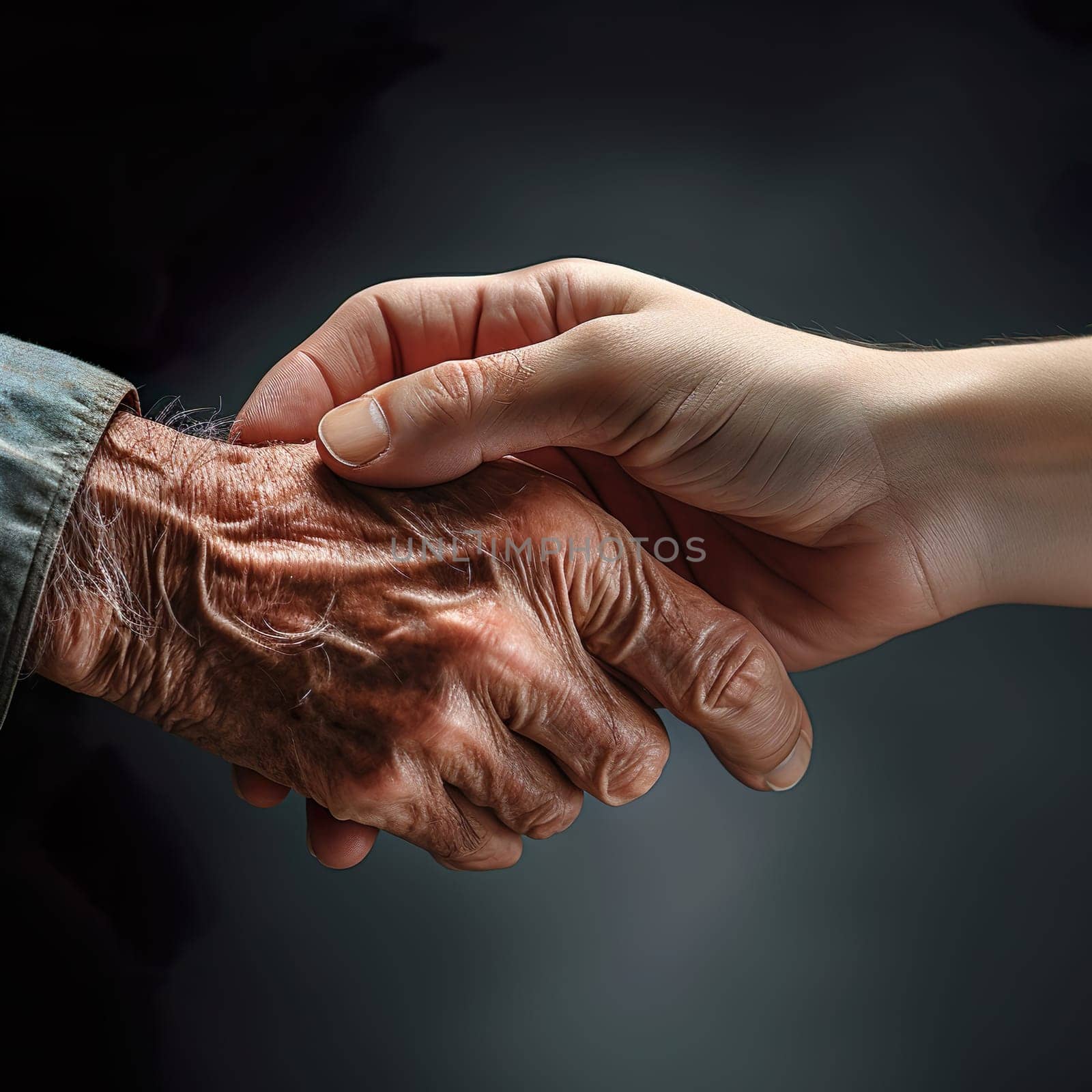 Hands of an old woman holding hands of a young woman generated by artificial intelligence
