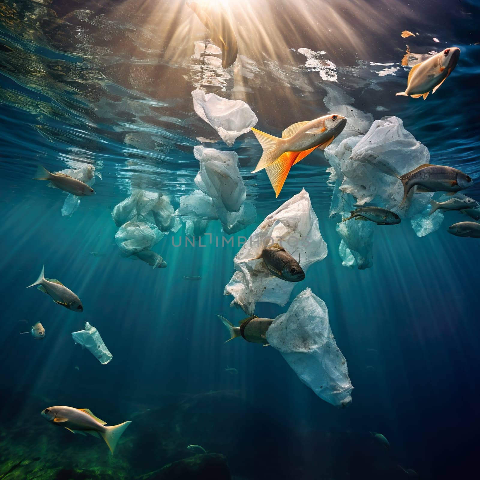Plastic waste floats between fish in the sea generated by artificial intelligence