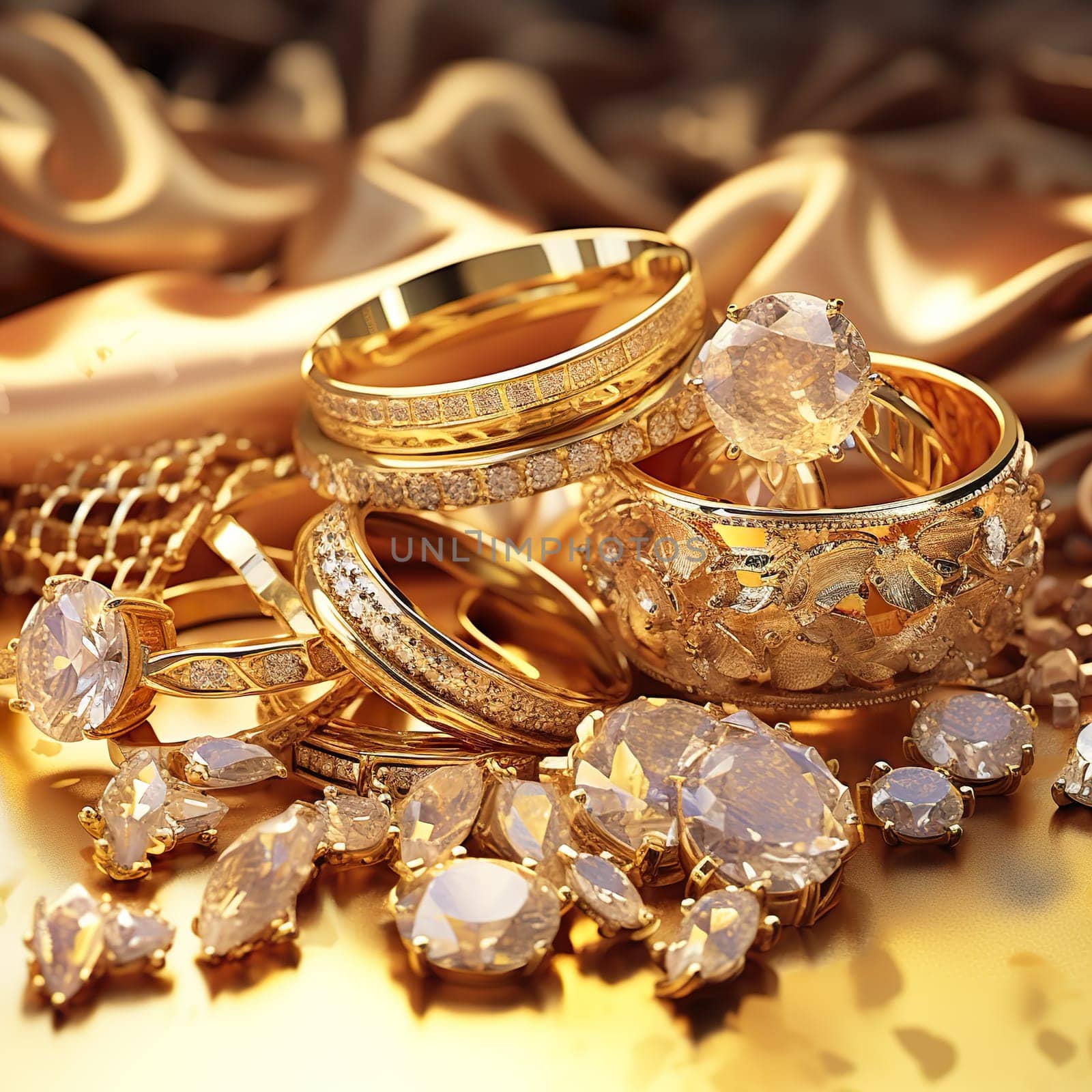 Various pieces of gold jewelry generated by artificial intelligence