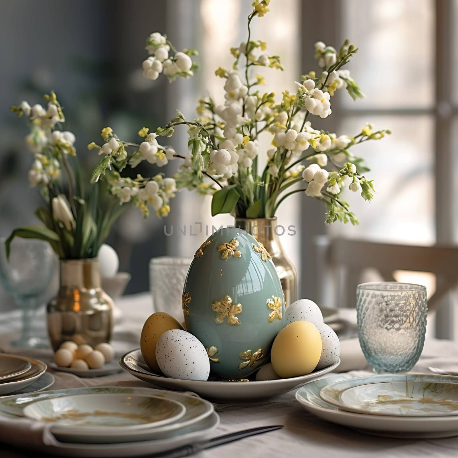 Beautiful table decorations for a cozy Easter breakfast generated by artificial intelligence
