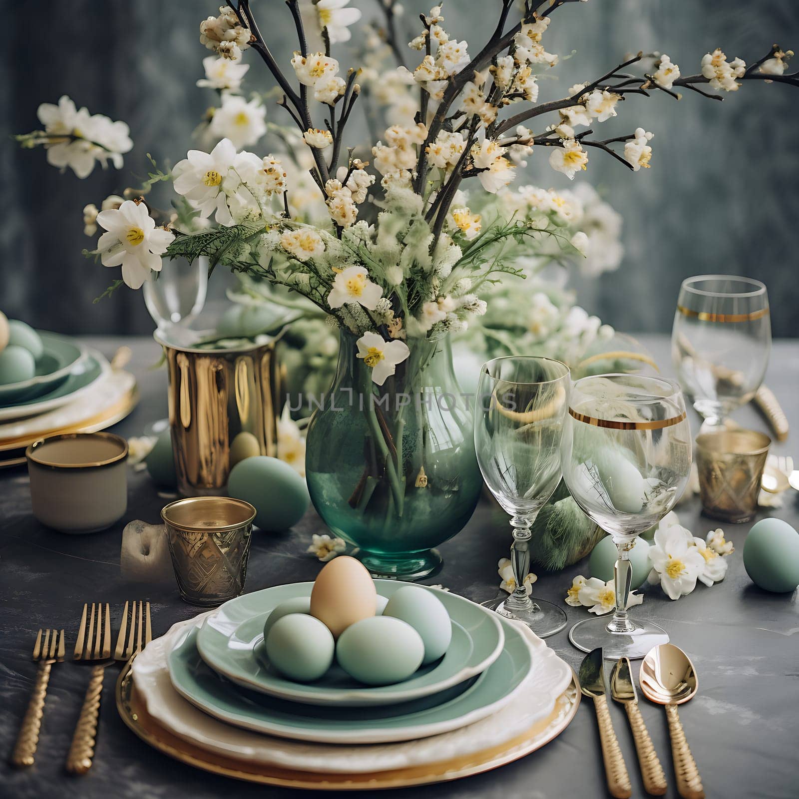 Beautiful table decorations for a cozy Easter breakfast generated by artificial intelligence