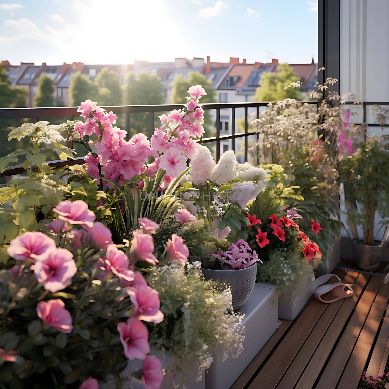 Beautiful colorful flowers on a balcony generated by artificial intelligence