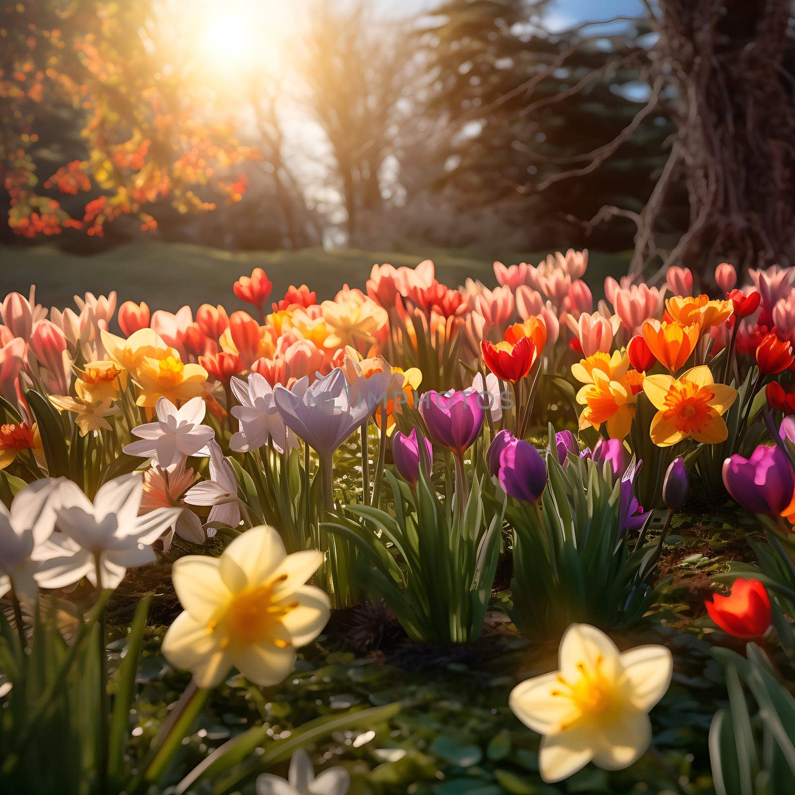 A background with colorful spring flowers generated by artificial intelligence