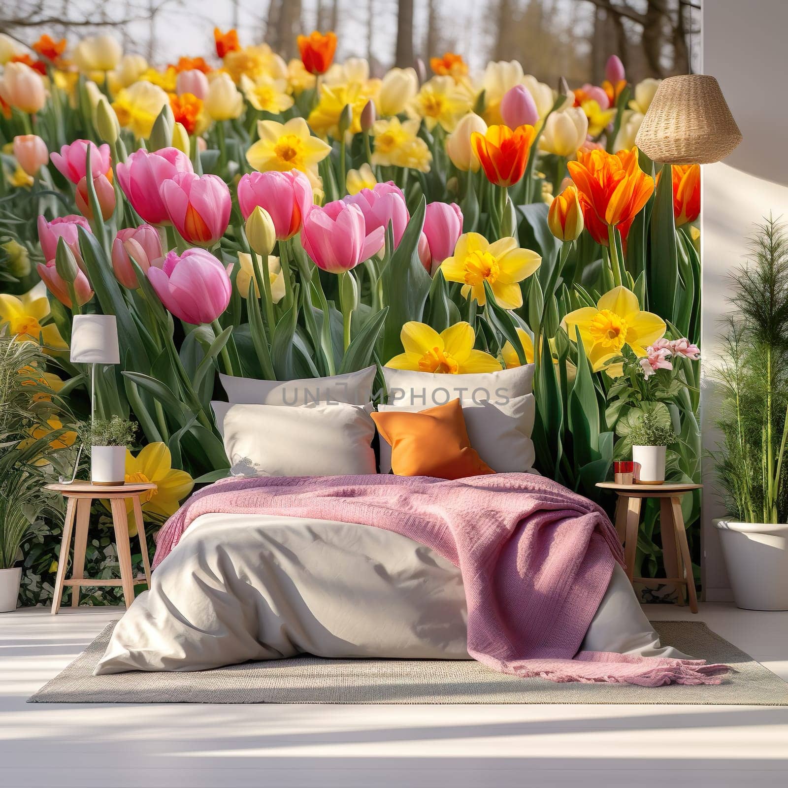 A bedroom with eye-catching floral wallpaper generated by artificial intelligence