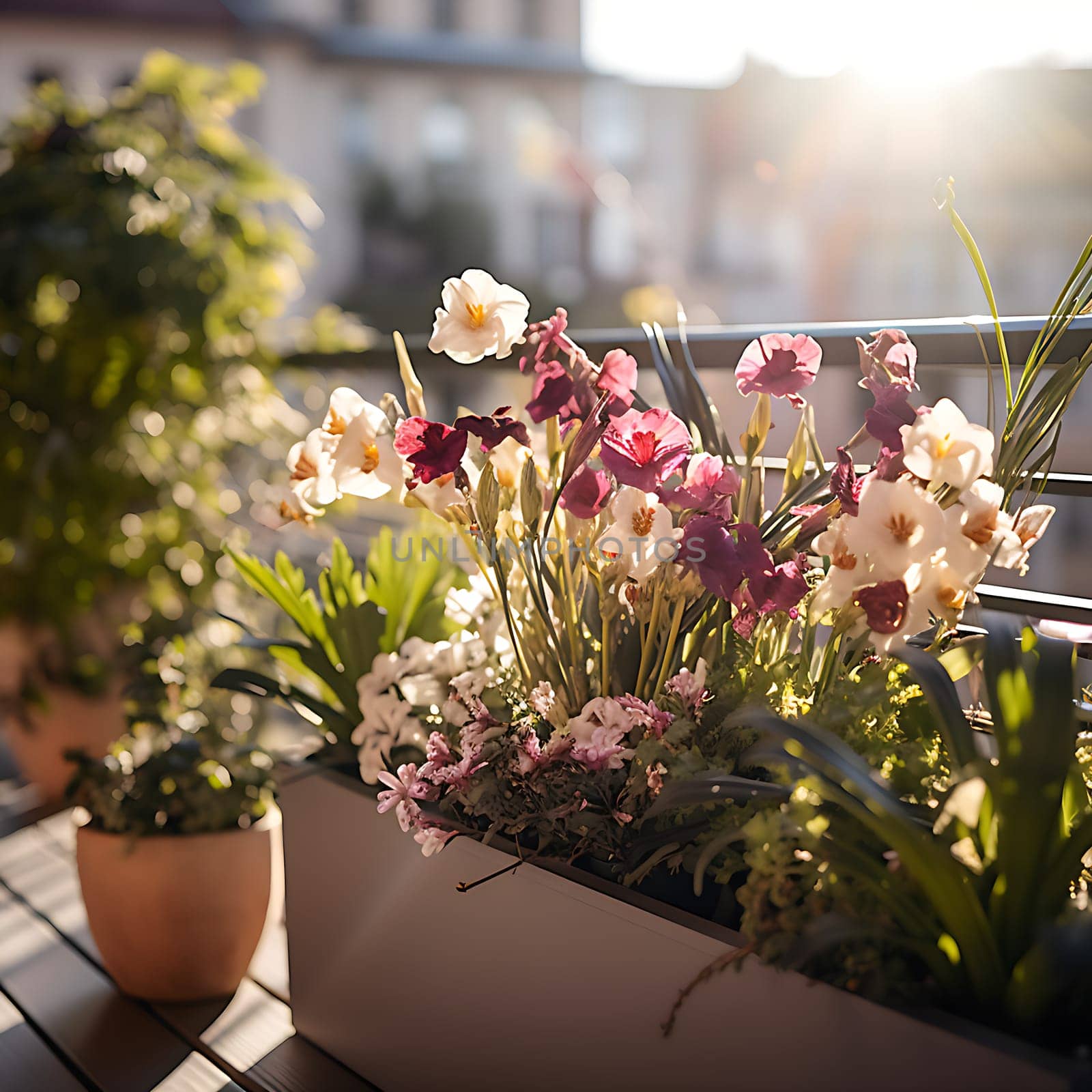 Beautiful colorful flowers on a balcony generated by artificial intelligence