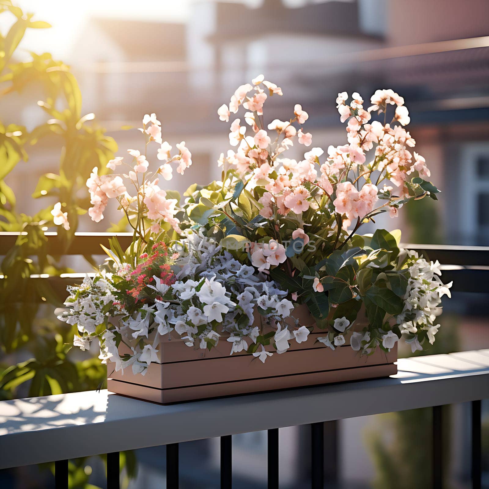 Beautiful colorful flowers on a balcony generated by artificial intelligence