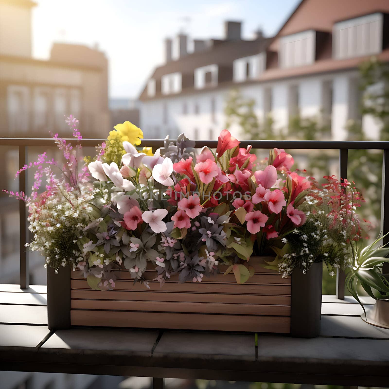 Beautiful colorful flowers on a balcony generated by artificial intelligence