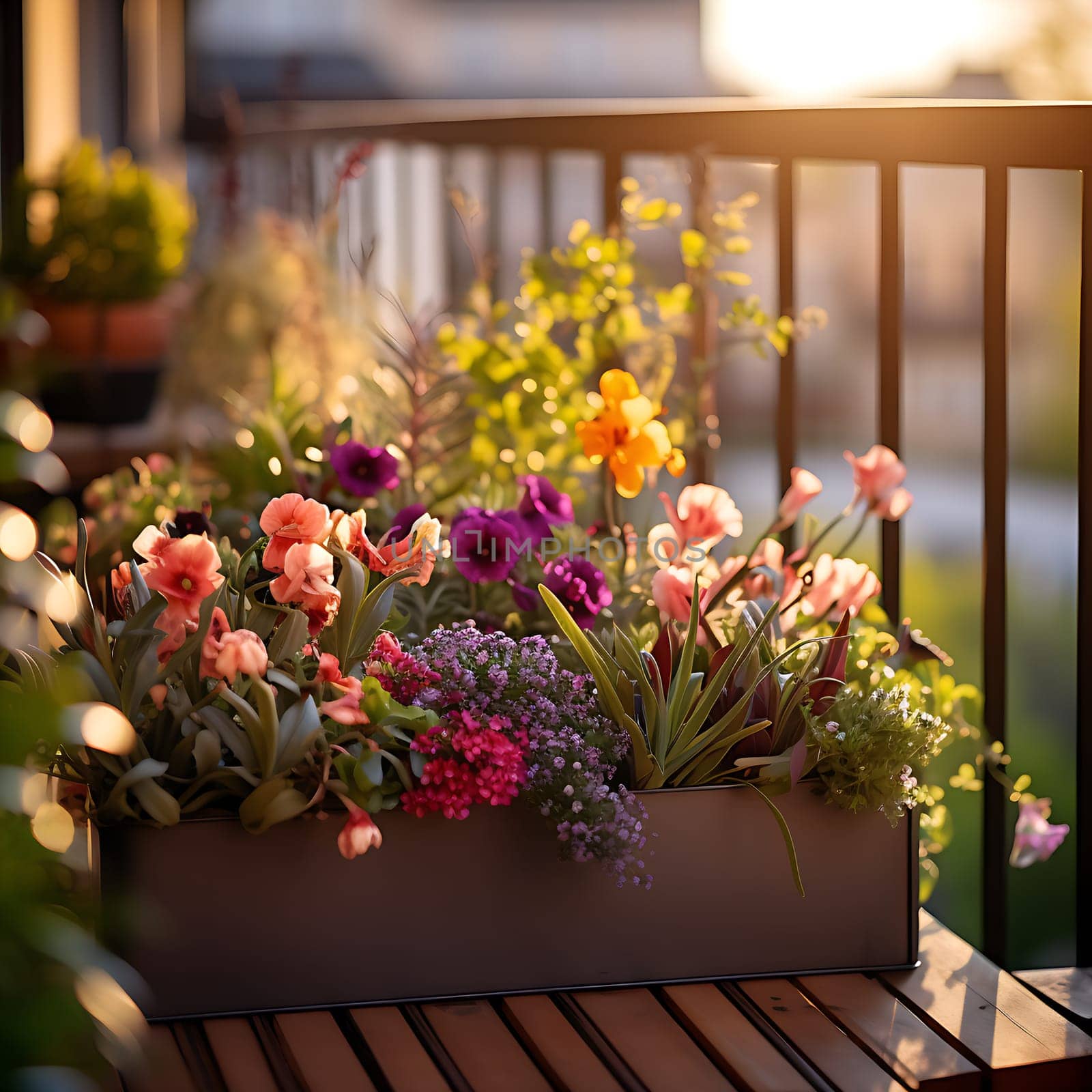 Beautiful colorful flowers on a balcony generated by artificial intelligence