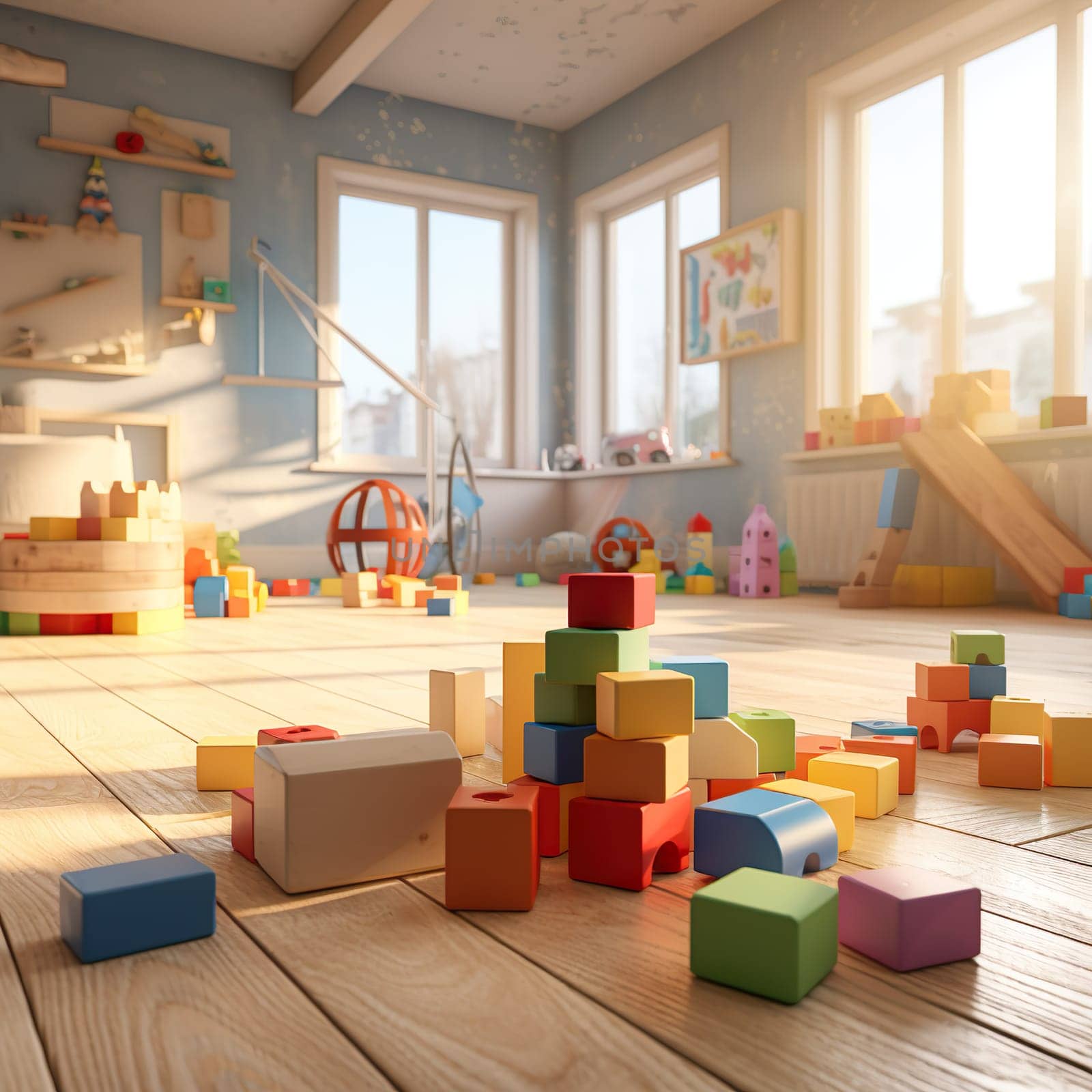 Colorful building blocks on the floor of a child's room generated by artificial intelligence