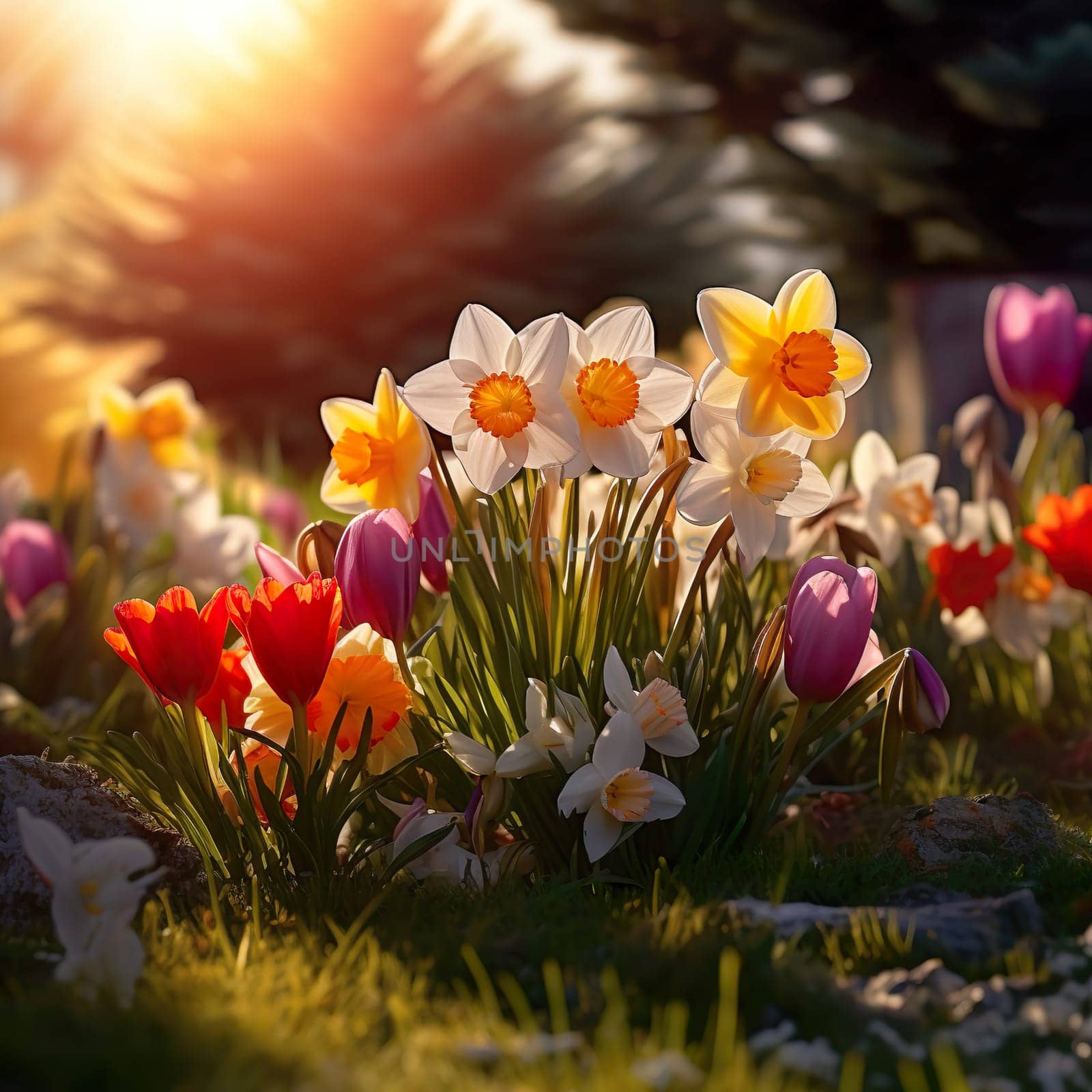 A background with colorful spring flowers generated by artificial intelligence