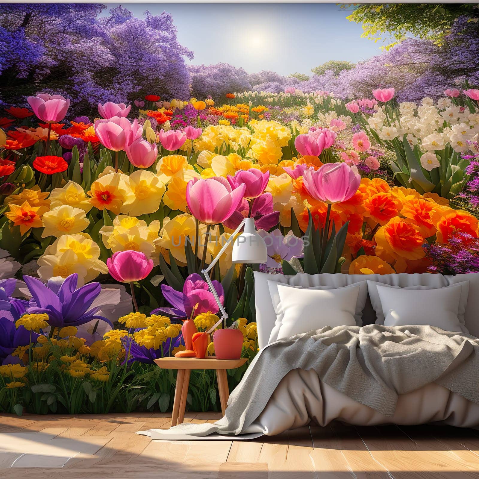 A bedroom with eye-catching floral wallpaper generated by artificial intelligence