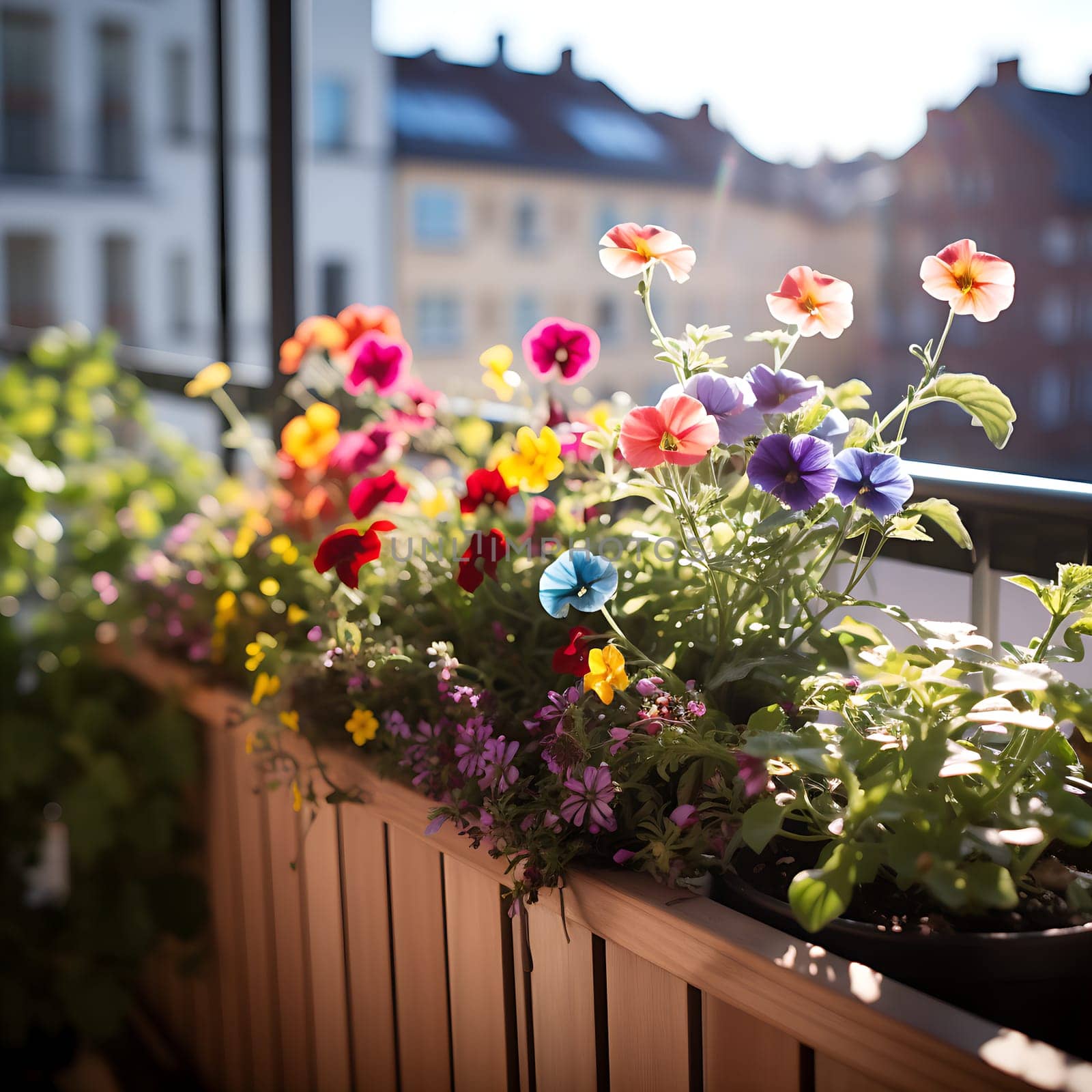 Beautiful colorful flowers on a balcony generated by artificial intelligence