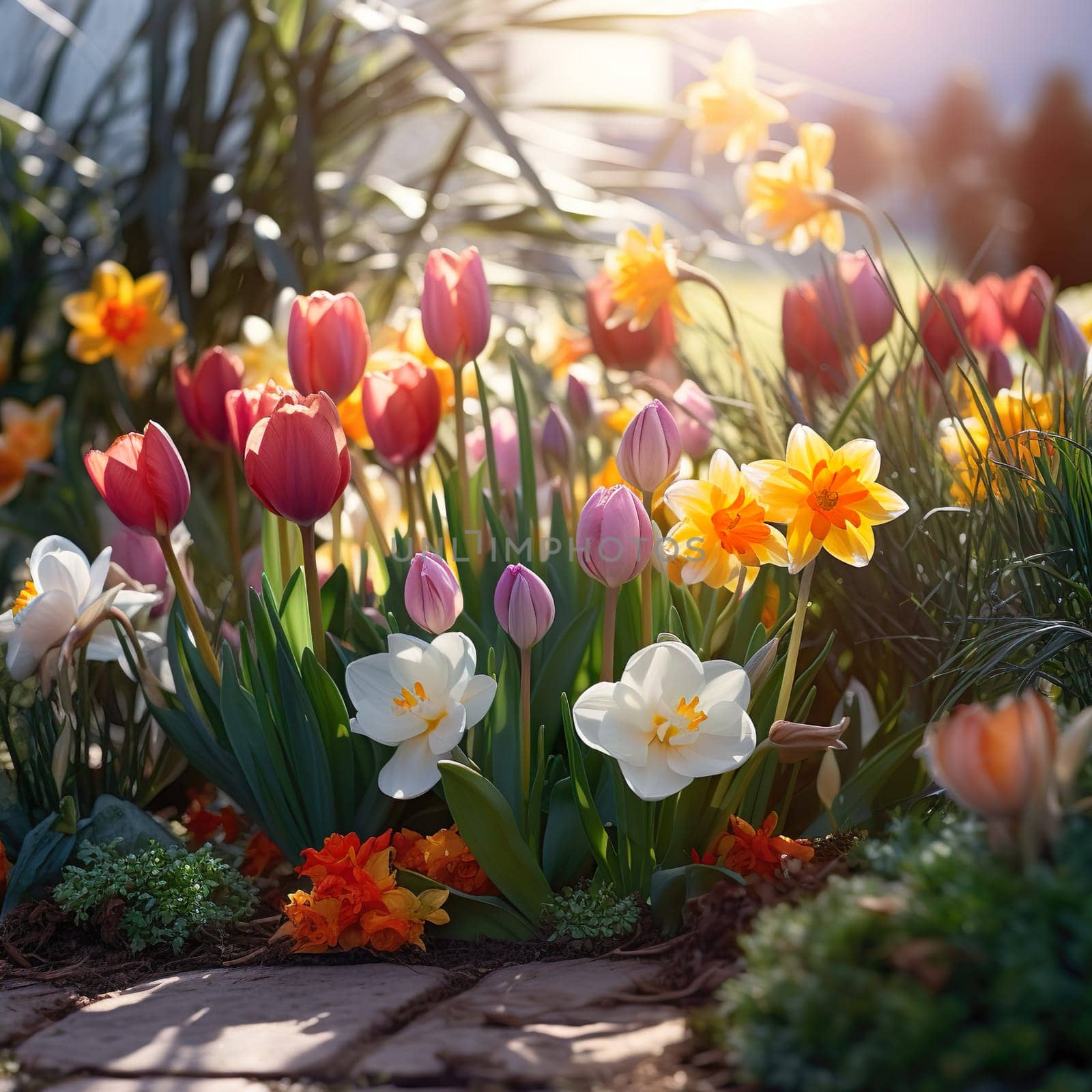 A background with colorful spring flowers generated by artificial intelligence