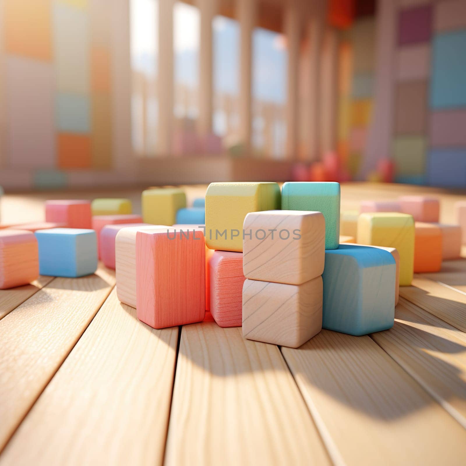 Colorful building blocks on the floor of a child's room generated by artificial intelligence