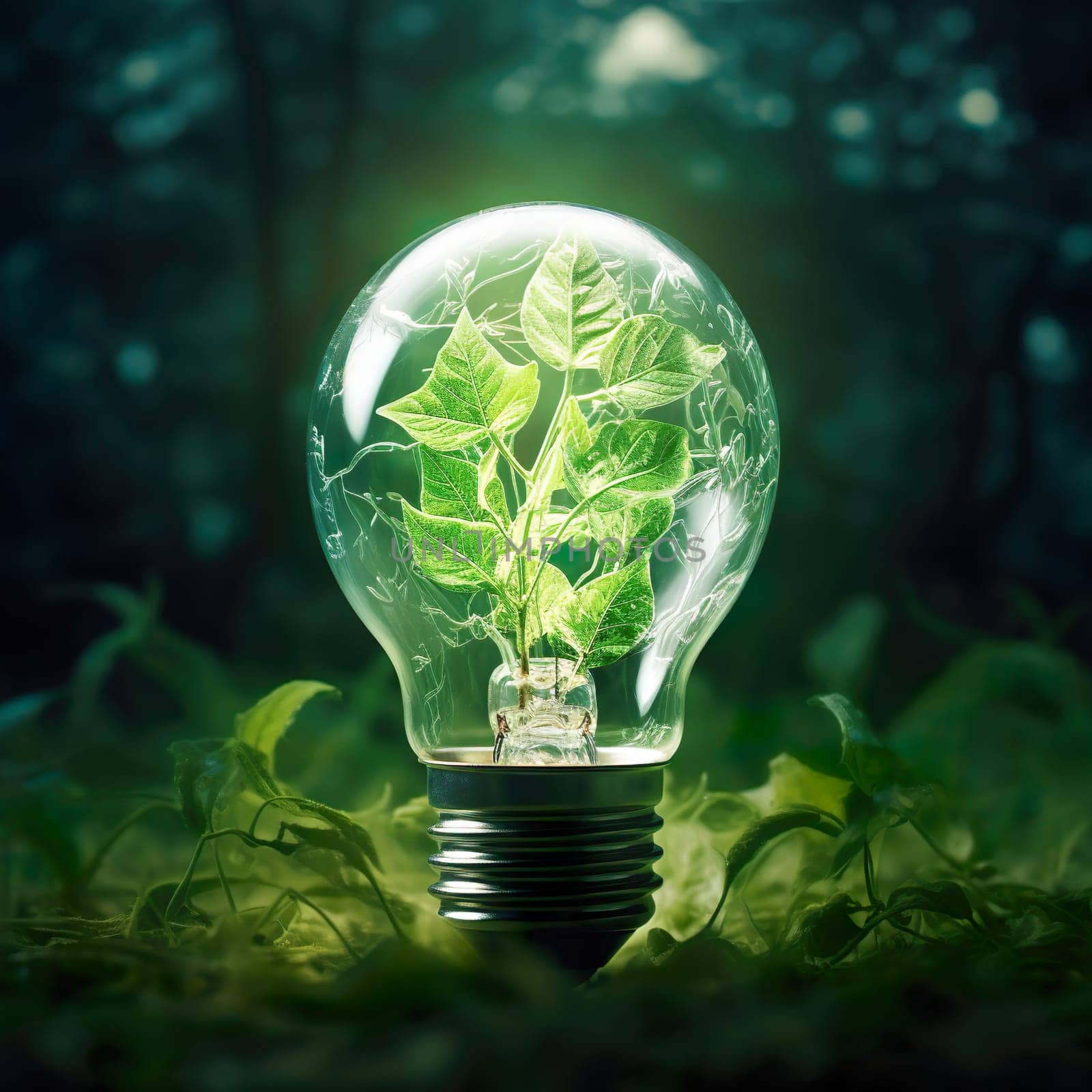A green light bulb in nature generated by artificial intelligence
