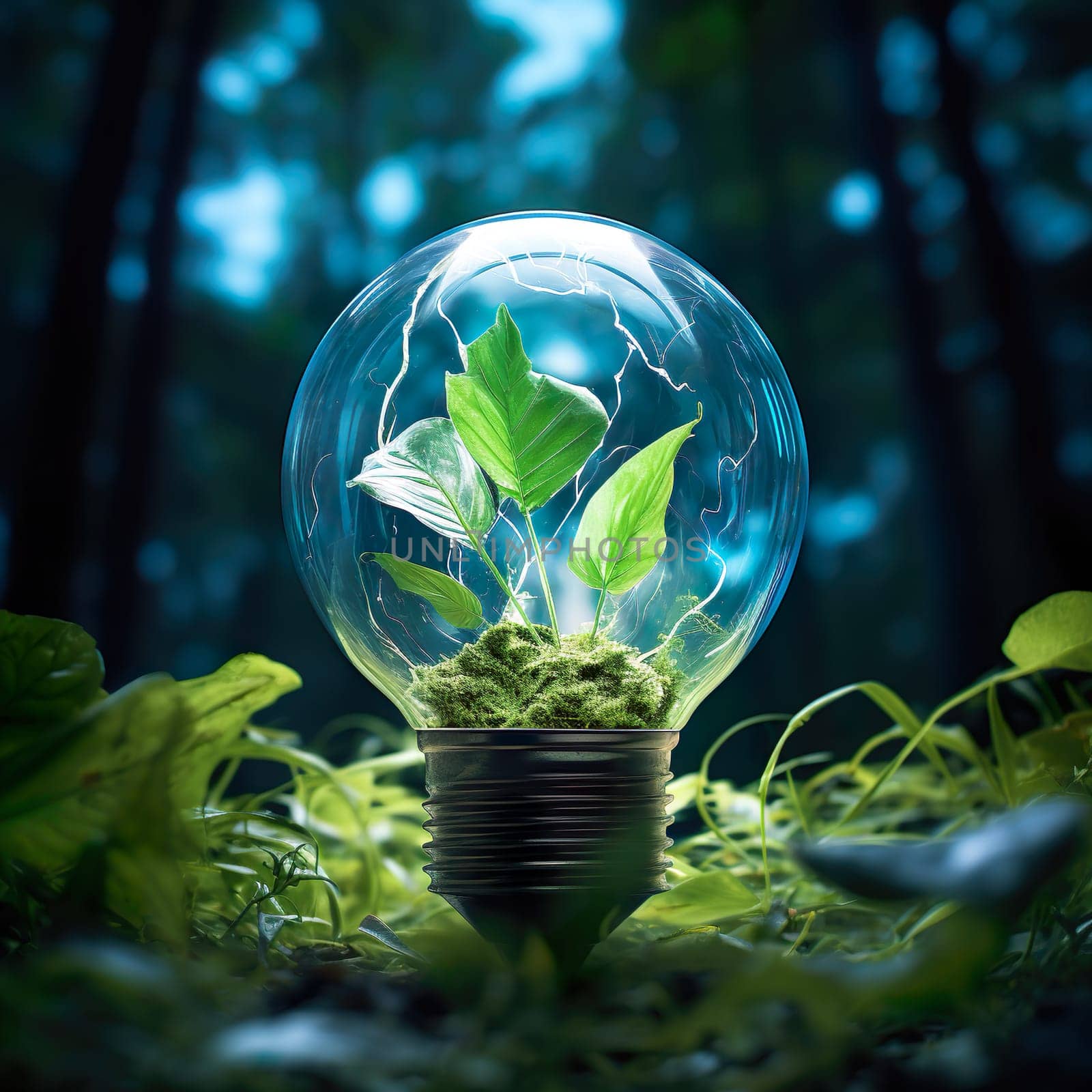 A green light bulb in nature generated by artificial intelligence