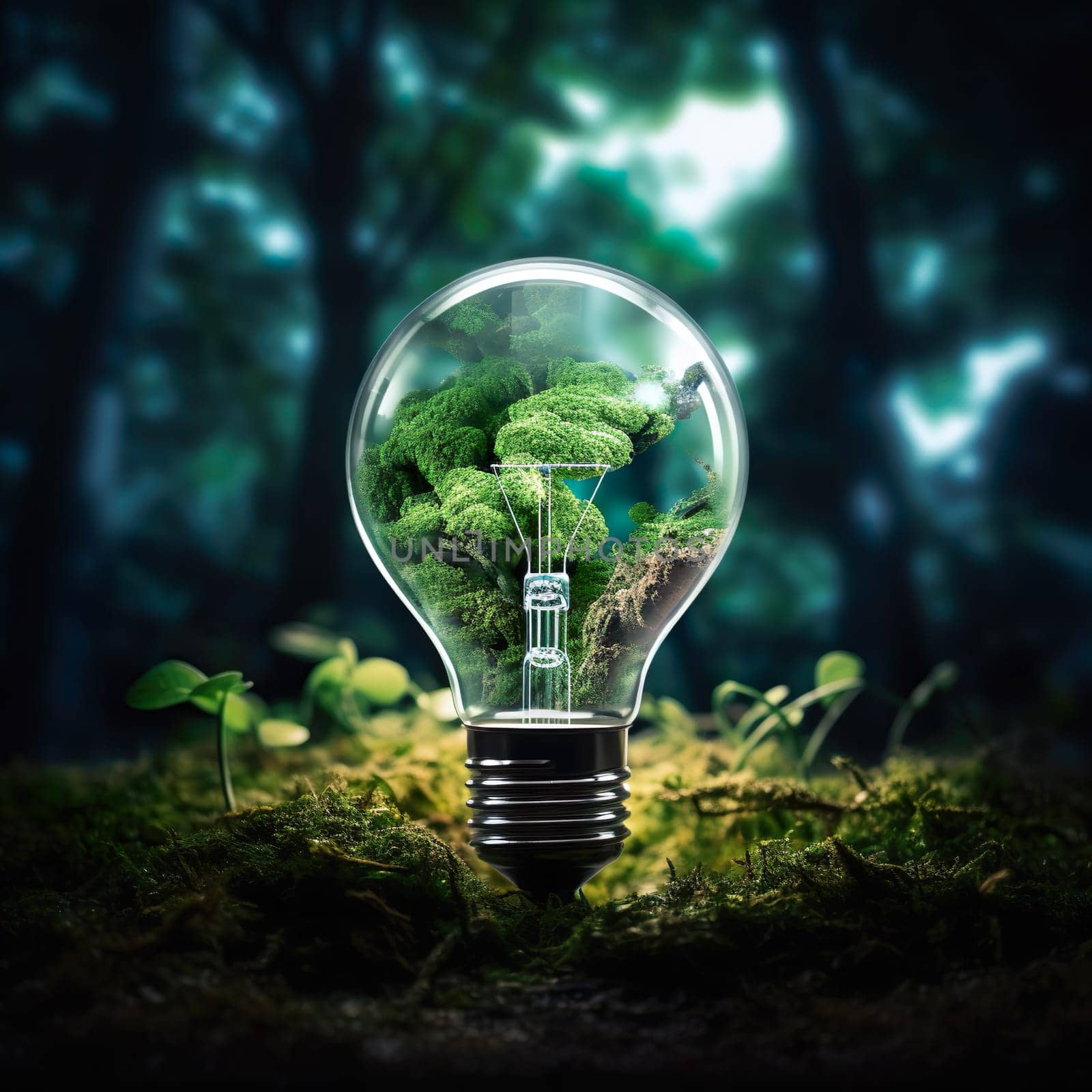A green light bulb in nature generated by artificial intelligence