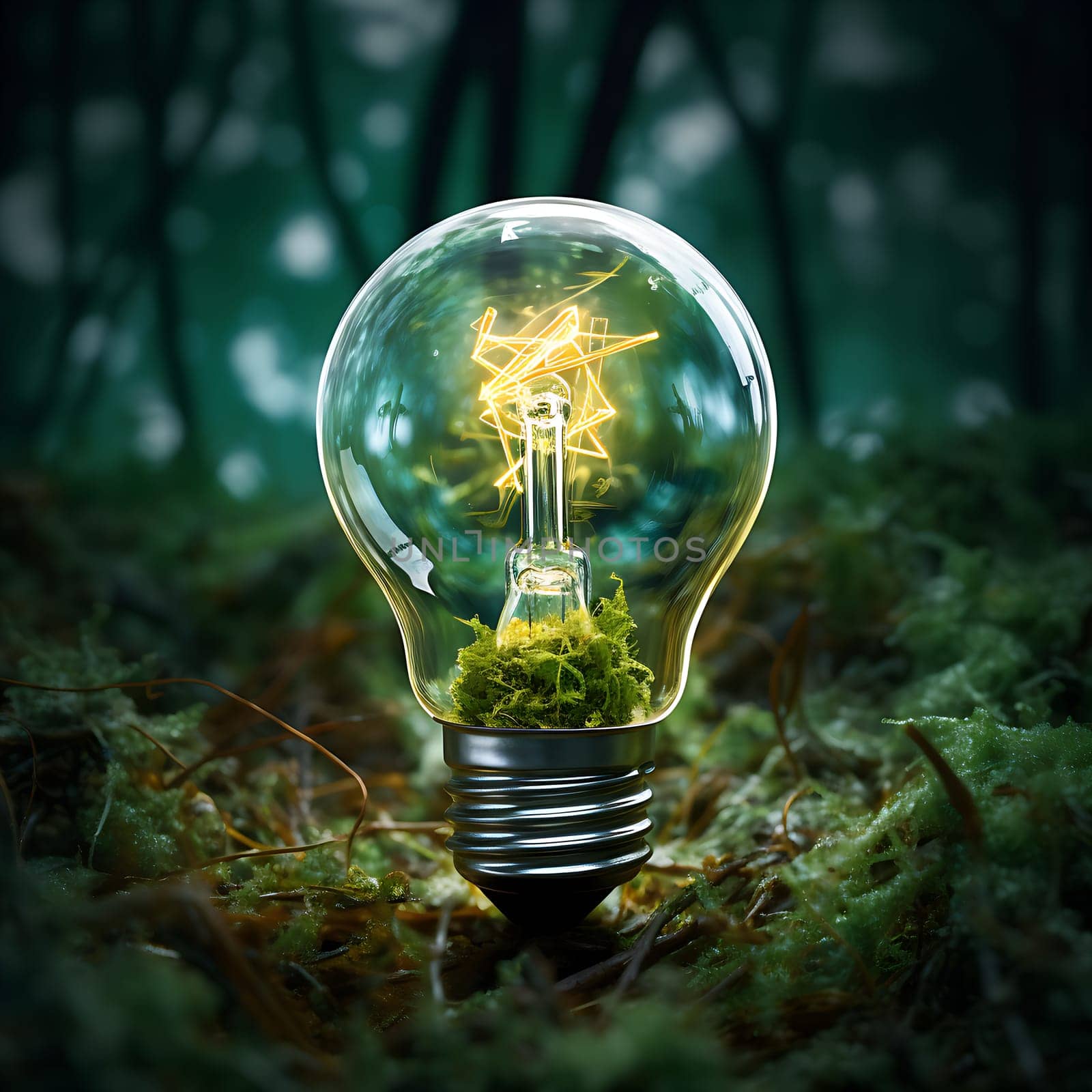 A green light bulb in nature generated by artificial intelligence