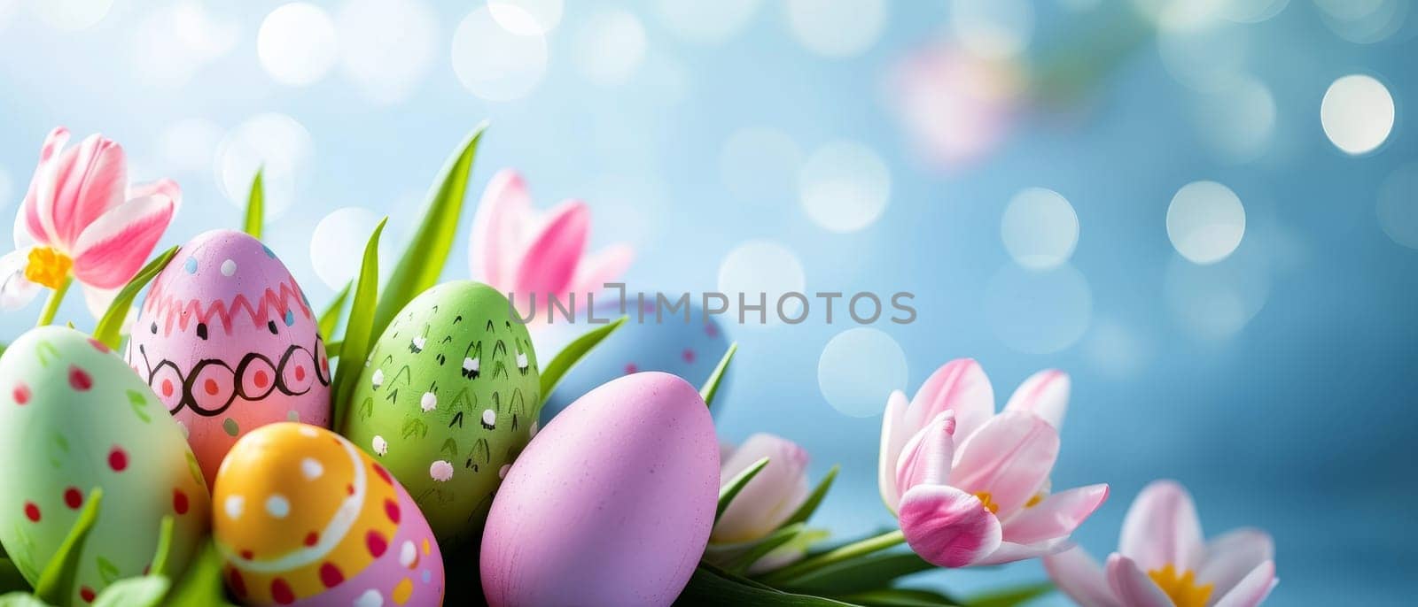 Easter eggs nestled in a lush garden under a radiant morning light with soft bokeh with copy space