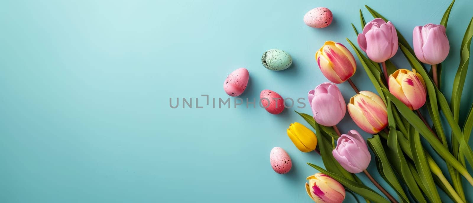 Delicate Easter eggs and spring daisies arranged on a light blue background with copy space