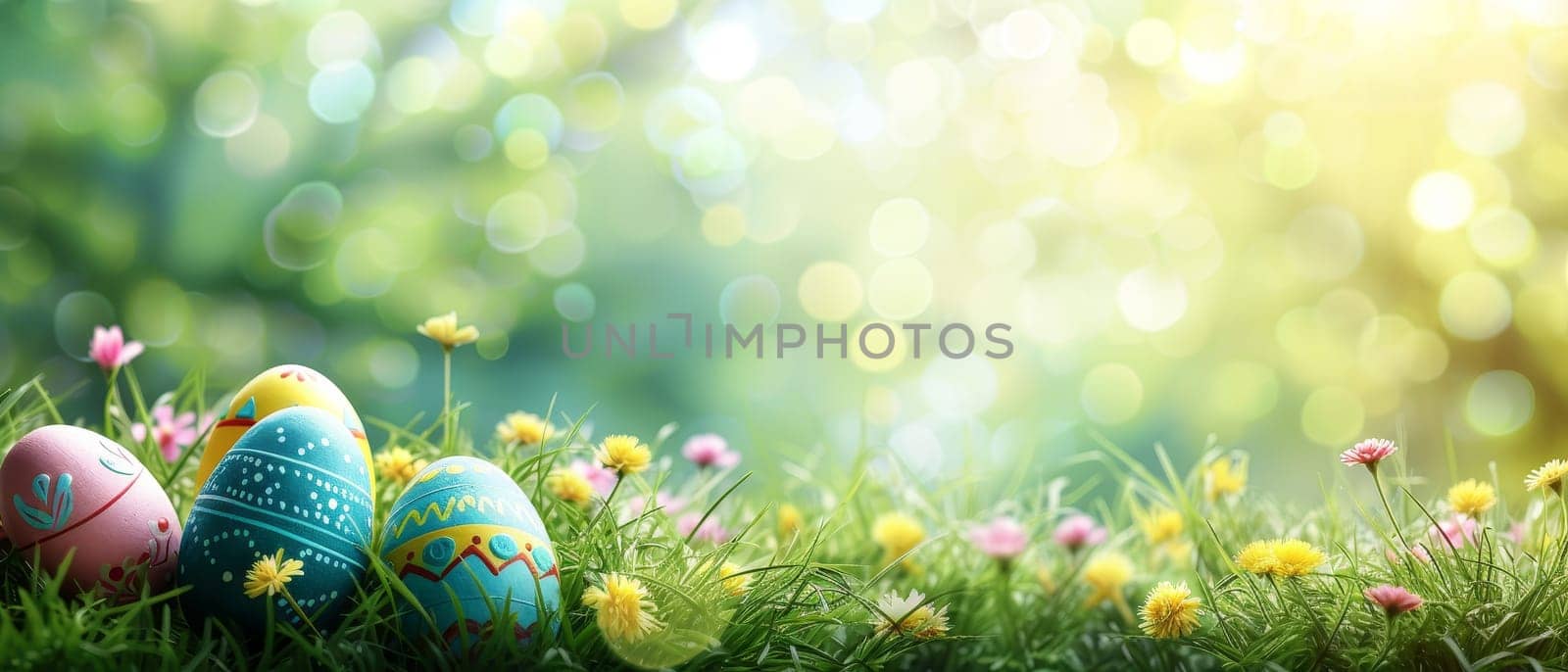A magical Easter scene with intricately designed eggs amidst a field of vibrant spring flora