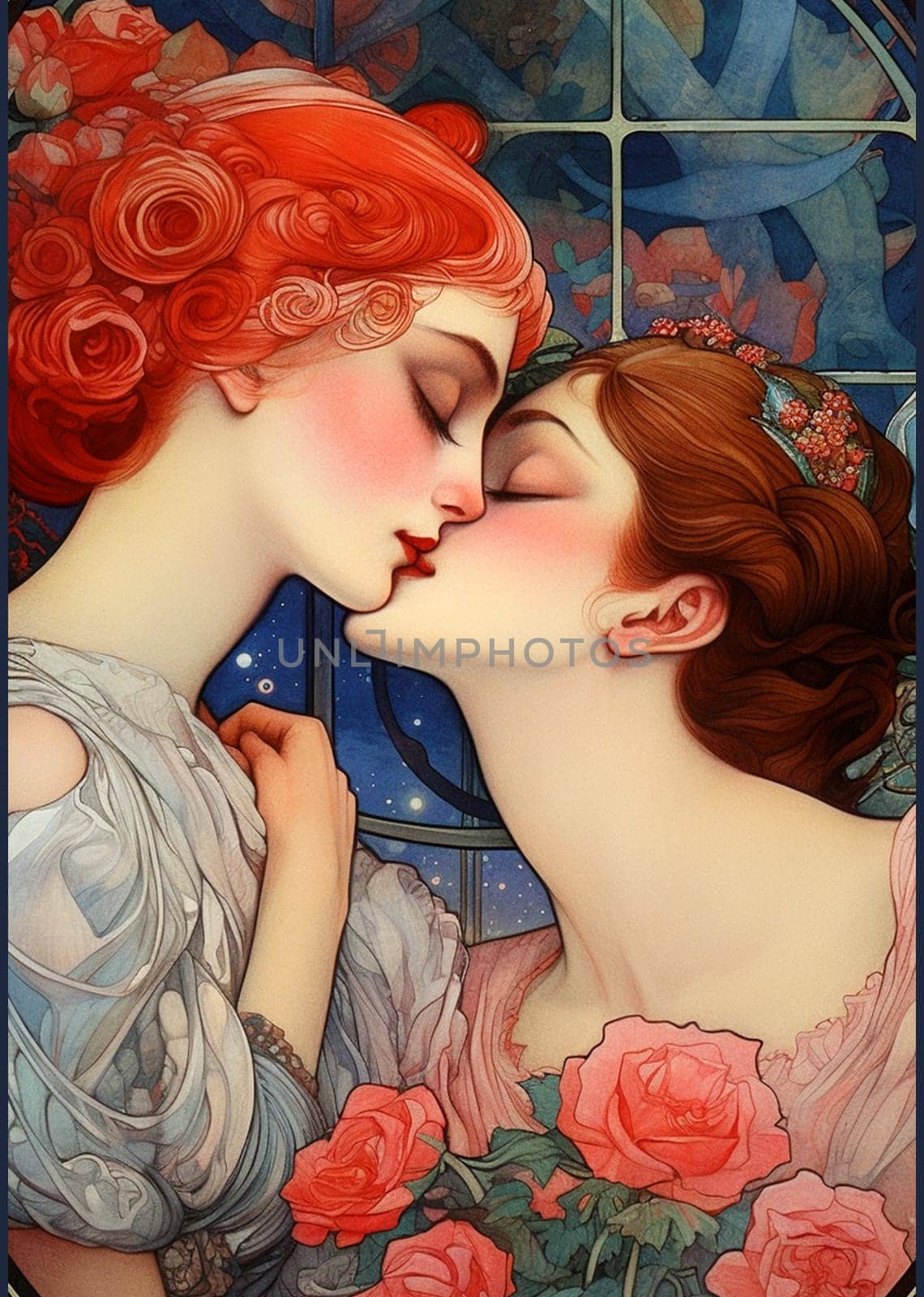 The graceful contours of two female figures in a passionate kiss tell the story of first love, tender and unique. Clothes, ornaments, hairstyles and shades evoke the style of bygone eras, creating a captivating atmosphere of love and passion. This is not just a kiss, but the beginning of a unique journey full of wonder and magic.