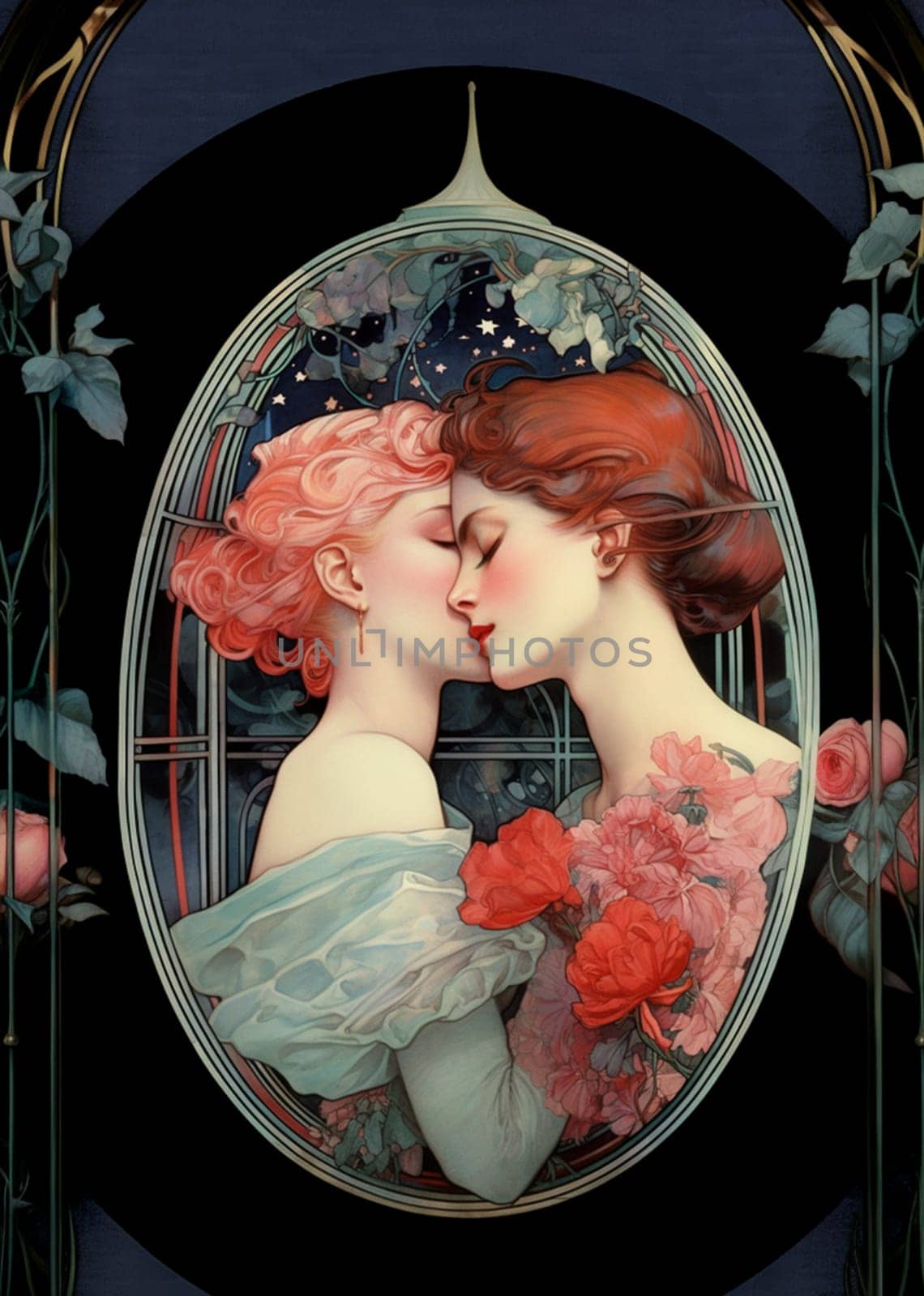 In an exquisite oval frame, as in a painting, two girls, one in an airy dress with roses, the other in blue, embrace. Their cheeks caress each other as if to absorb all the tenderness of the moment. Their eyes are closed, but their faces are full of passion and love. Colourful flowers stand out against the black background, creating a luxurious contrast. There is an atmosphere of warmth and radiant emotion.