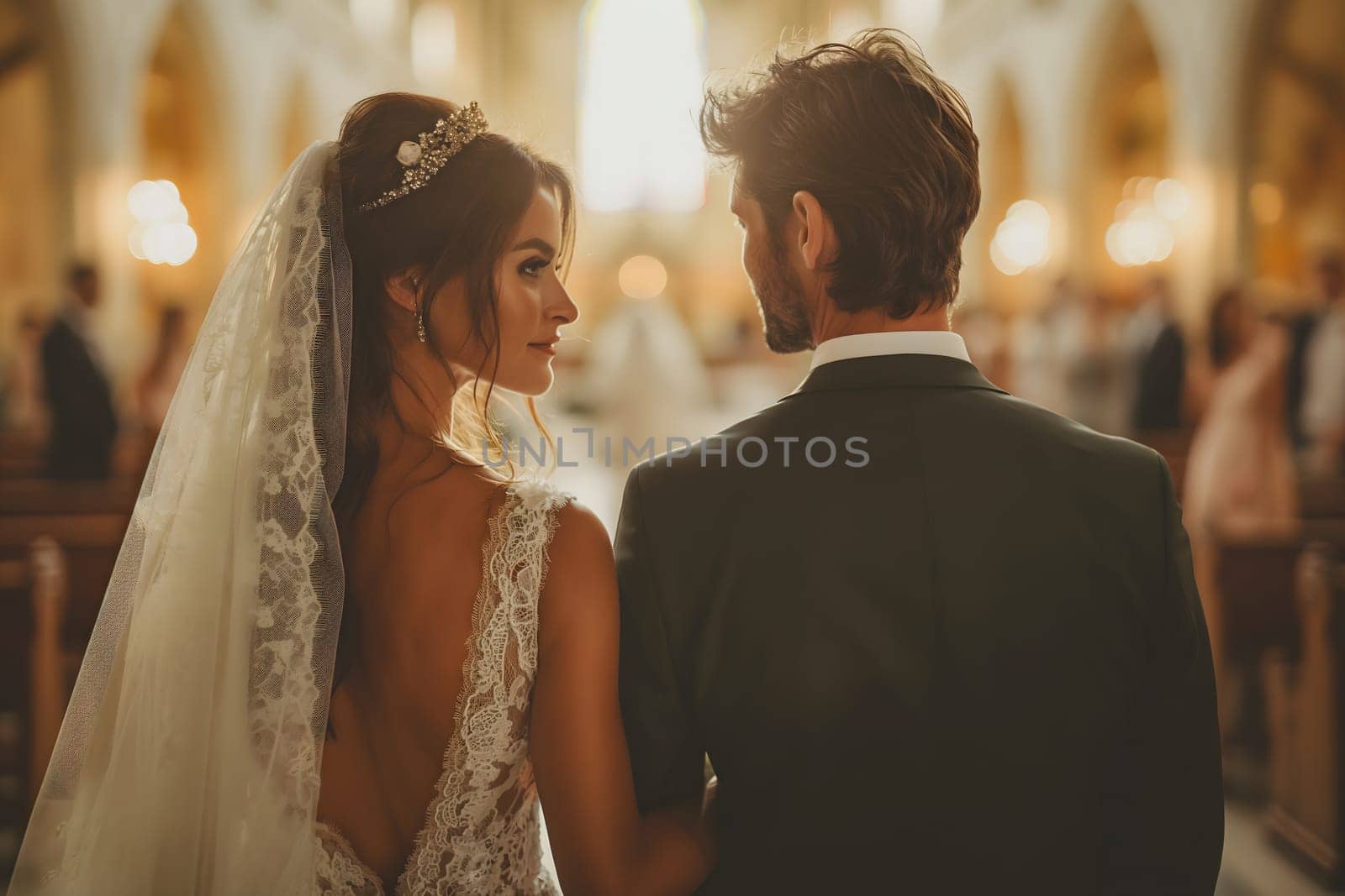 Male and female couple in wedding dresses on Valentine's Day, holding hands and walking forward, with a soft blurred background, Generative Ai